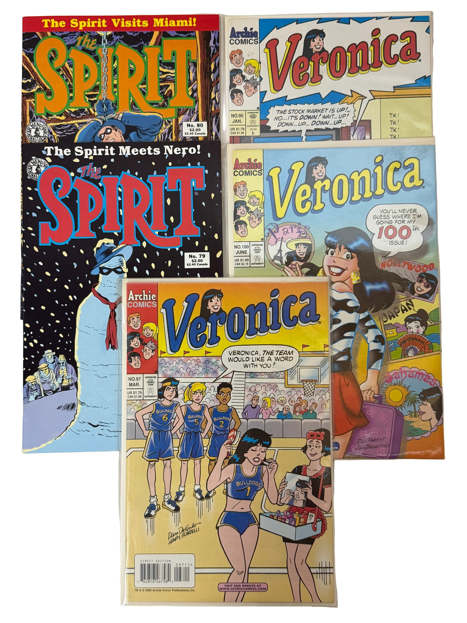 The Spirit #79-80 & Archie Veronica Comic Lot ? Classic & Modern Mix: Features The Spirit issues #79 and #80 plus Archie Veronica comics (#95, #97, #100). Clean collectible lot with strong nostalgia appeal.