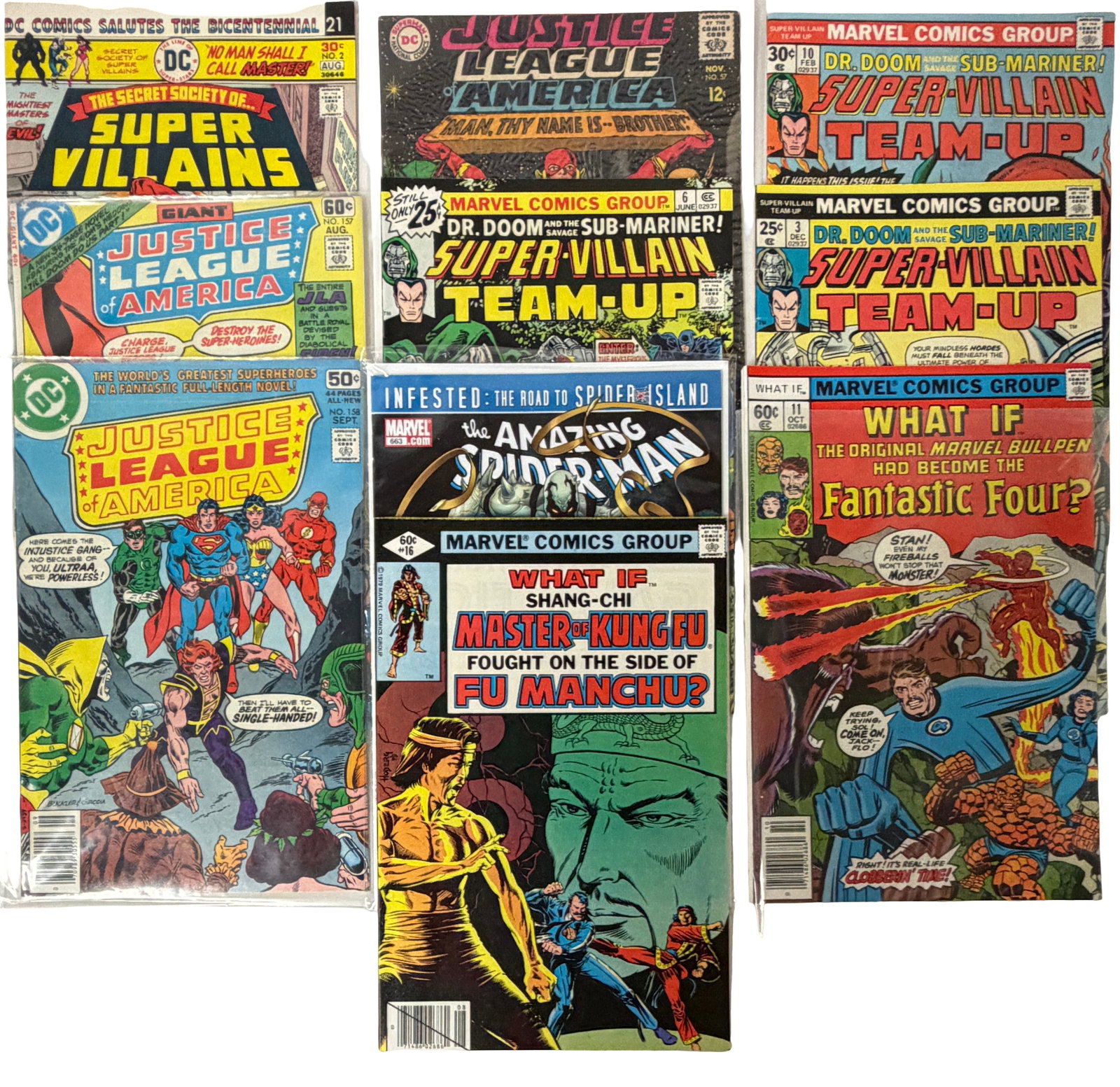 Justice League of America & Marvel What If Comic Lot ? Bronze Age Mix: Features Justice League of America, Marvel What If, Super-Villain Team-Up, and Amazing Spider-Man tie-in issues. Excellent mix of Bronze Age DC and Marvel.