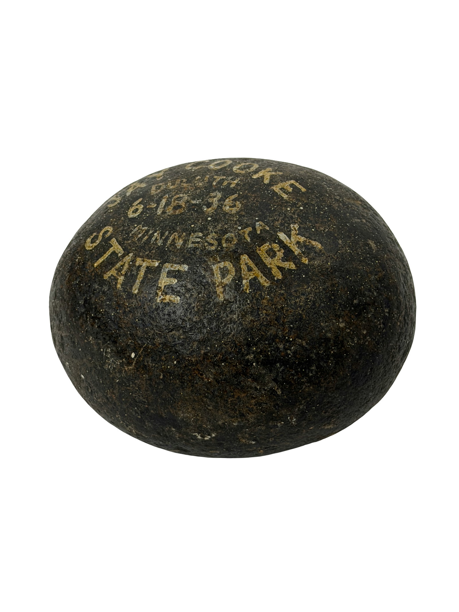 Vintage Painted Stone State Park Minnesota: Hand-painted commemorative stone marked 'State Park Minnesota June 18, 1936.' Folk art souvenir with aged patina.
