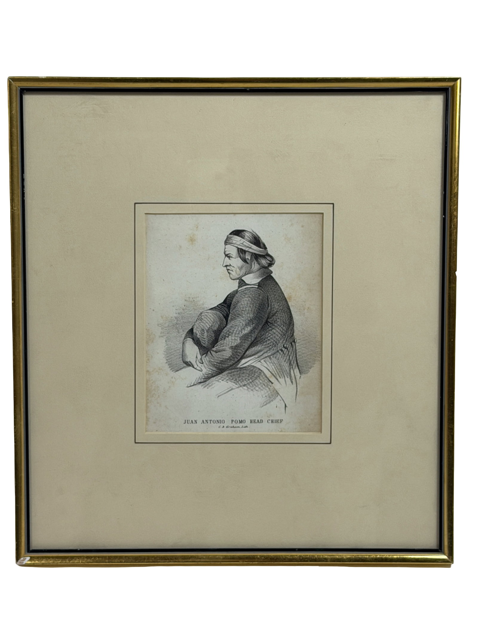 Juan Antonio Pomo Head Chief Lithograph: Antique portrait lithograph after C.B. Graham