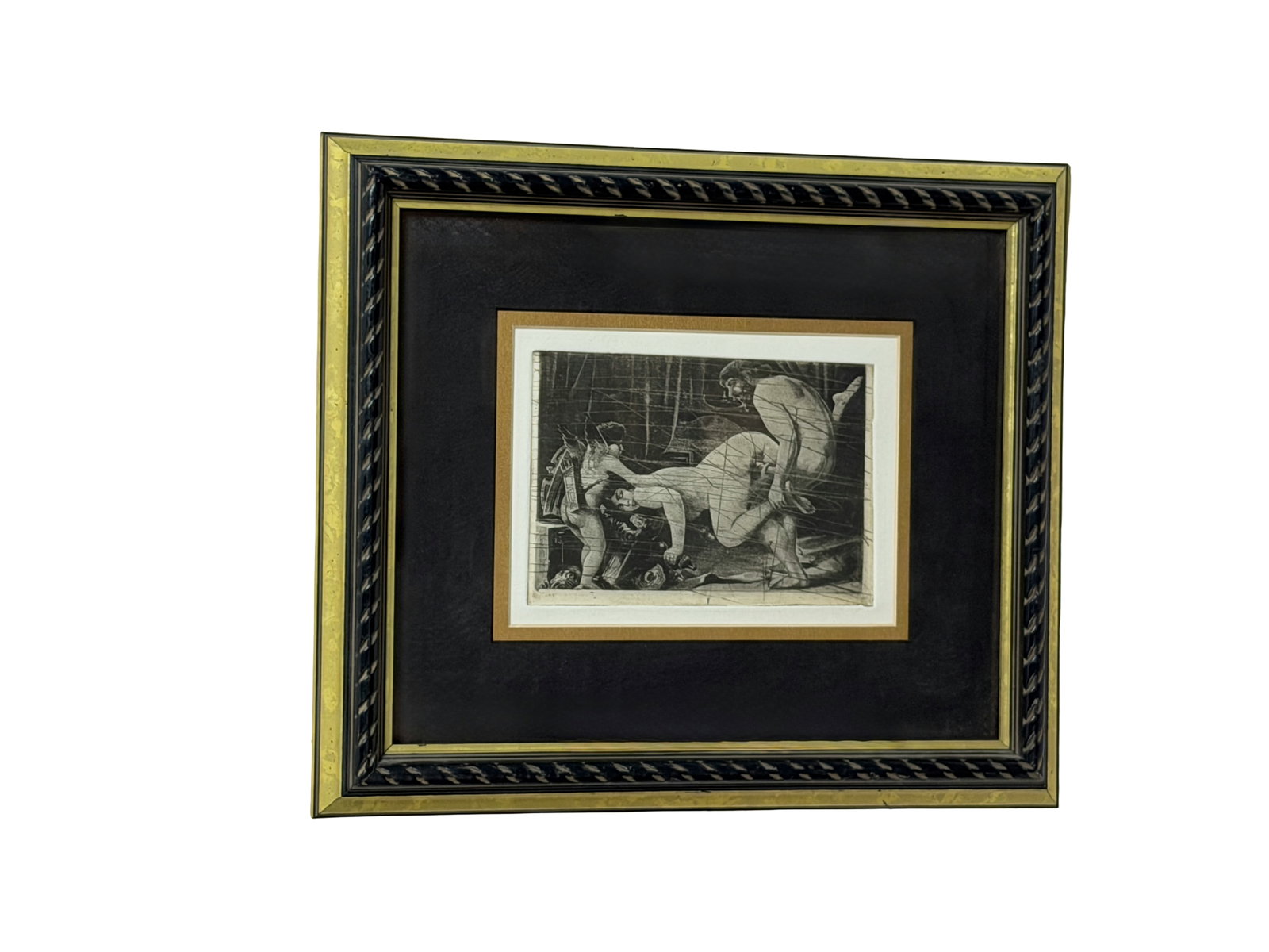 Antique Mythological Erotic Figures Etching: Black & white etching of figures