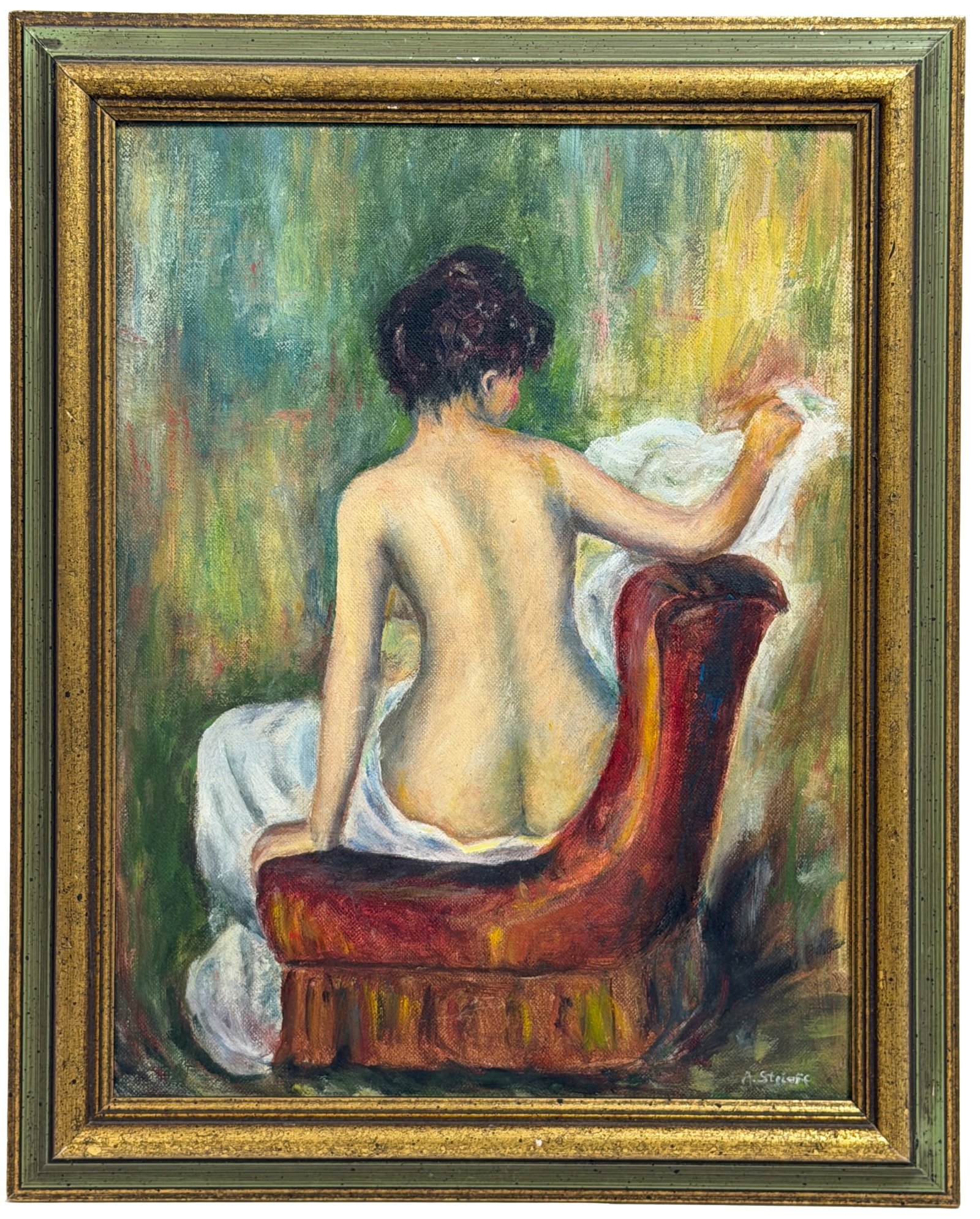 Impressionist Nude Oil Painting Signed: Framed seated nude, signed lower right