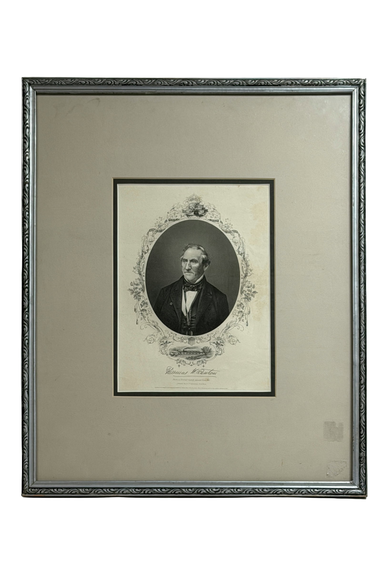 Silas H. Benton Engraved Portrait: 19th-century engraved portrait with ornate border, framed