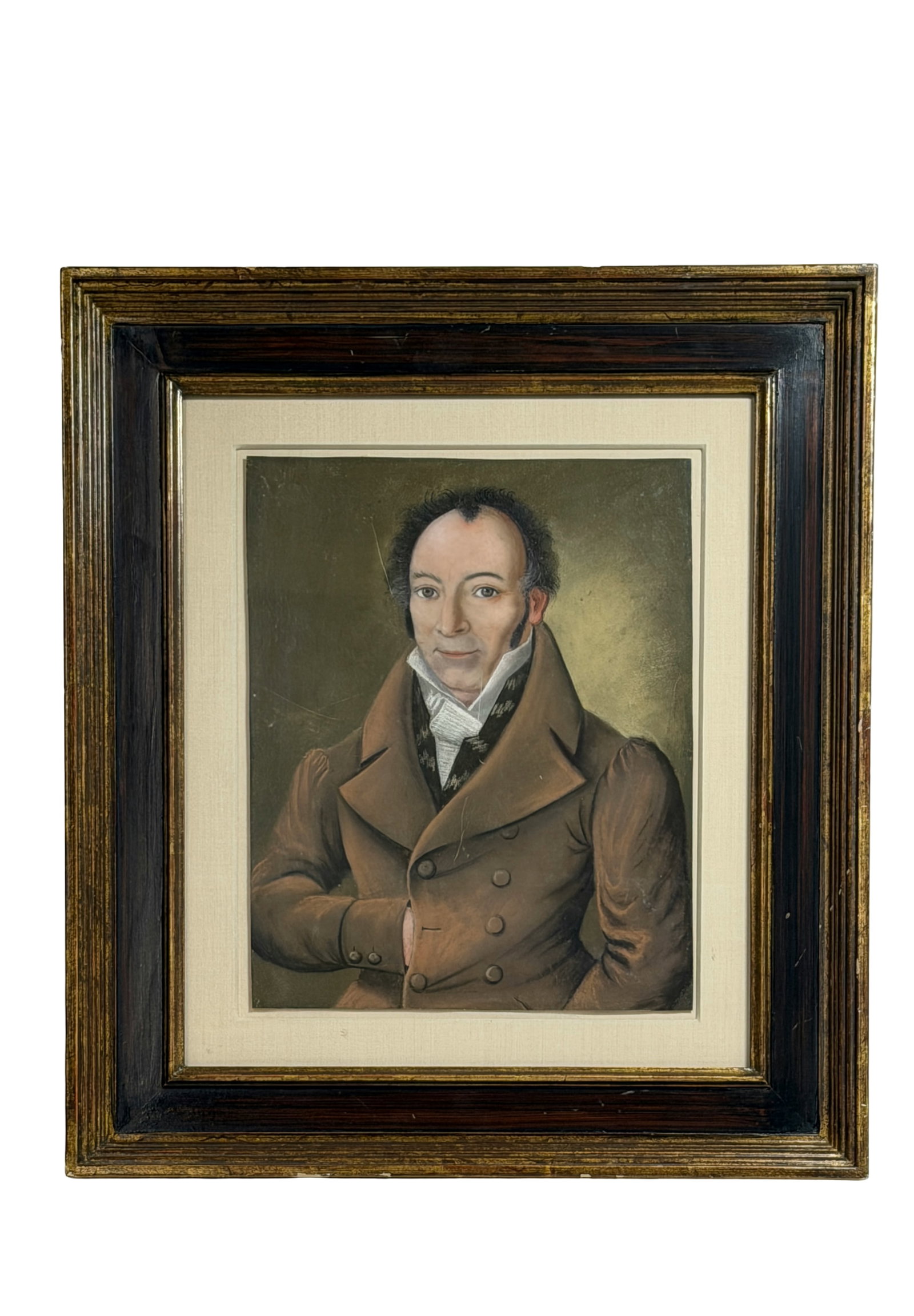 Antique Gentleman Portrait Pastel Painting: 19th-century style oil portrait of man in formal attire, framed