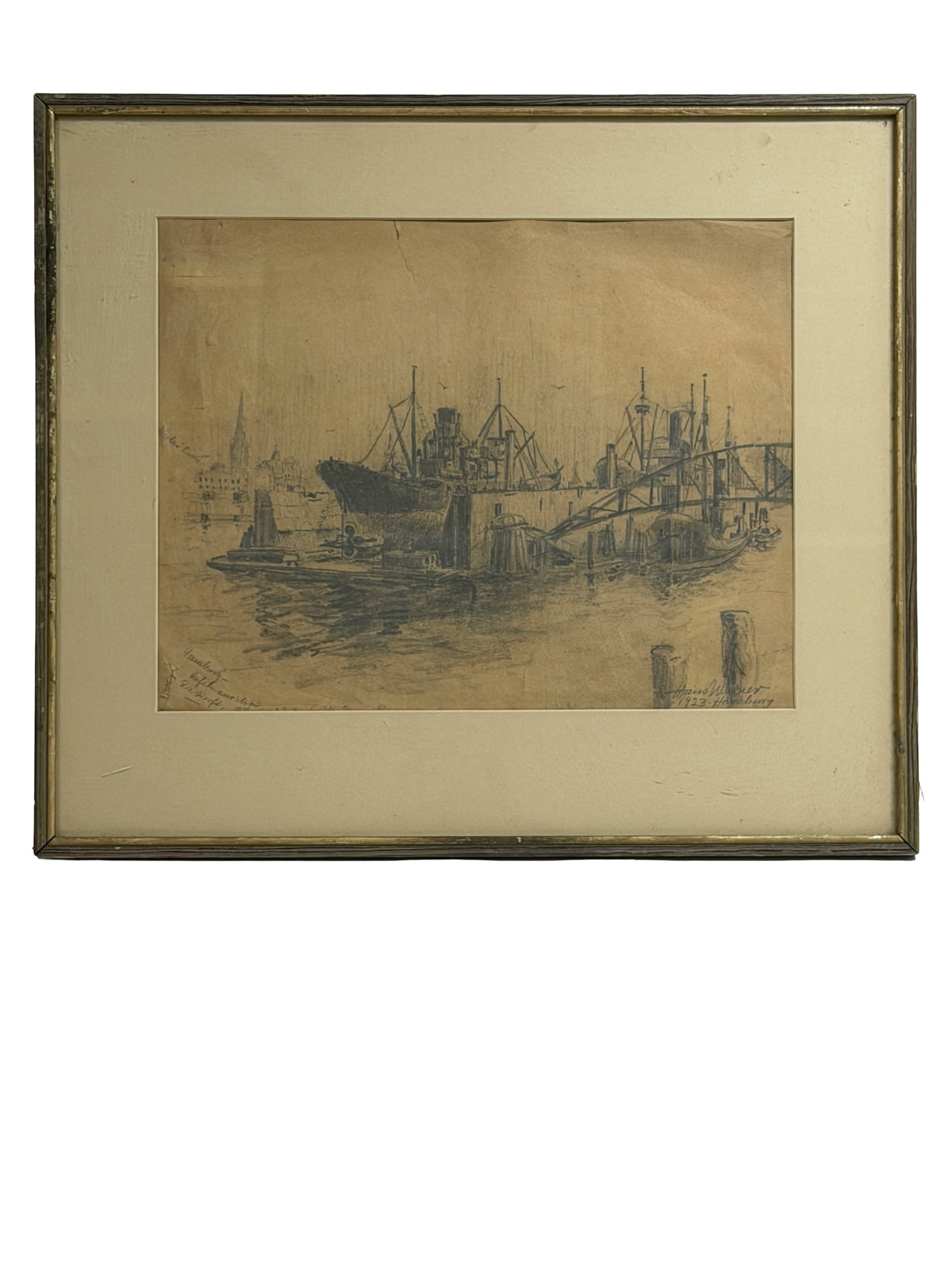 Antique German Harbor Scene Drawing on paper Signed (1923) (1 of 9)