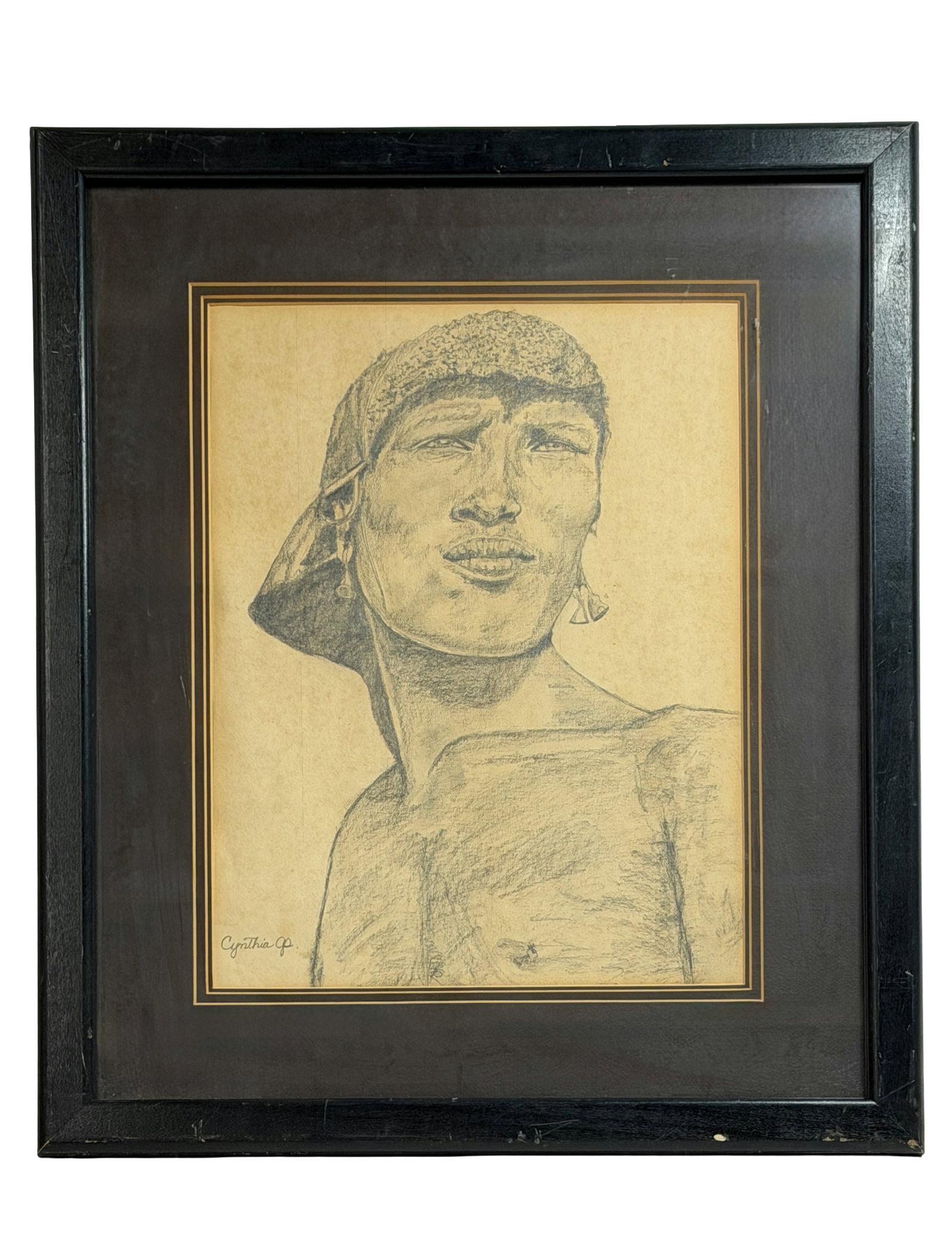 Original 1980 Masai Warrior Pencil Drawing Signed Cynthia P. Framed Portrait (1 of 6)