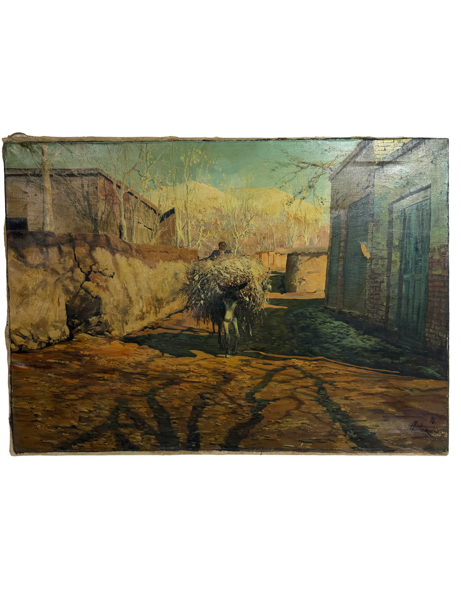 Vintage Oil on Canvas Village Scene with Donkey Signed: Original oil painting depicting a village street with a figure and donkey carrying hay; signed lower right and dated ?76; unframed canvas.