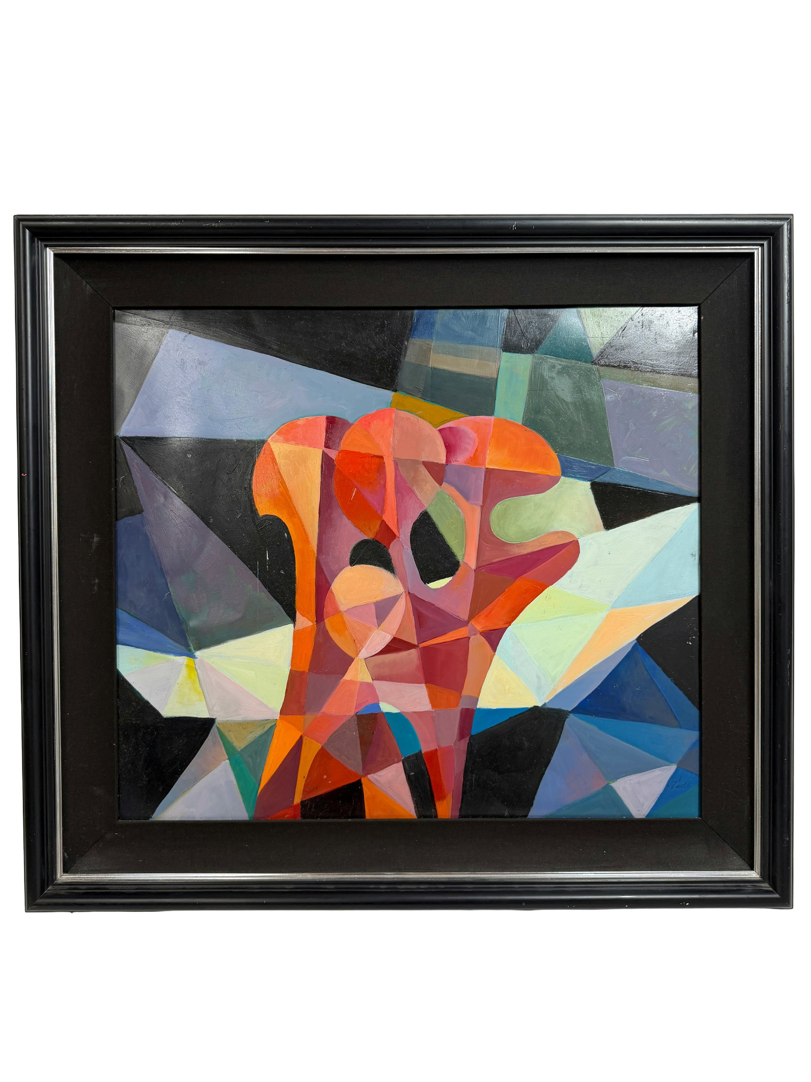 Vintage Abstract Geometric Composition Painting Signed: Vintage abstract painting featuring bold geometric forms and vibrant colors; acrylic on panel or canvas; black frame.