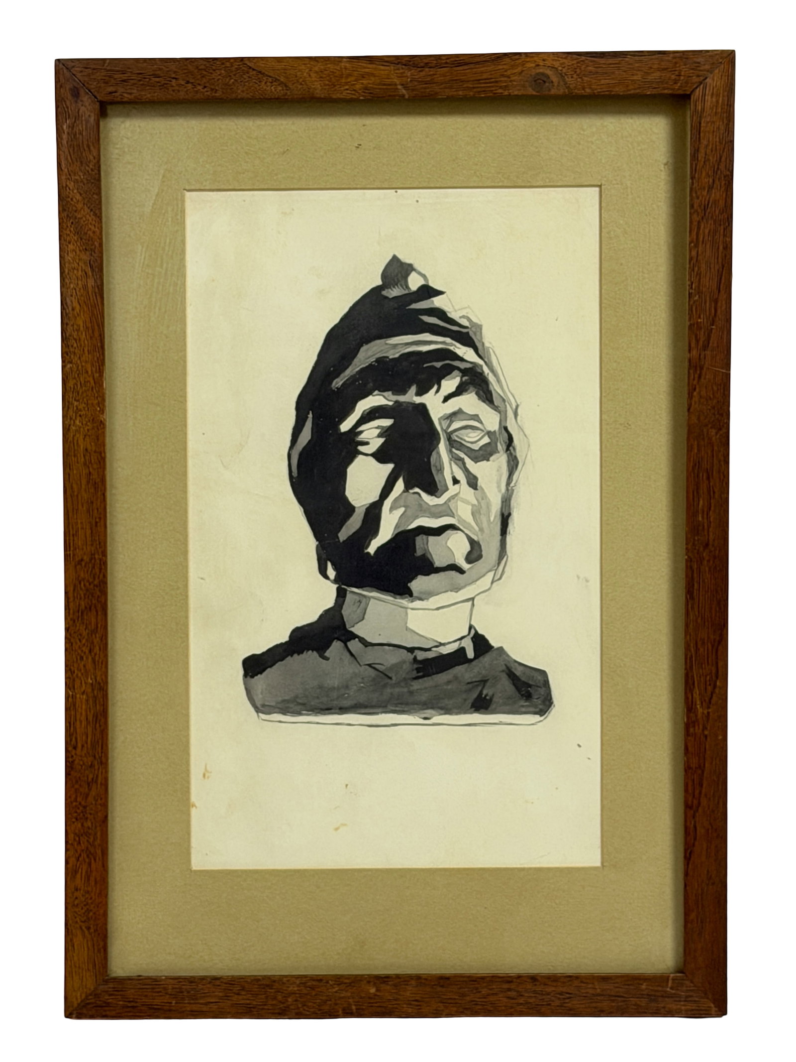 Framed Ink Wash Portrait Painting by Dante Ferino (Black & White): Original monochrome ink wash portrait painting depicting a stylized male bust in dramatic light and shadow. Matted and framed in a simple wood frame. Label on verso identifies the artist as Dante Feri