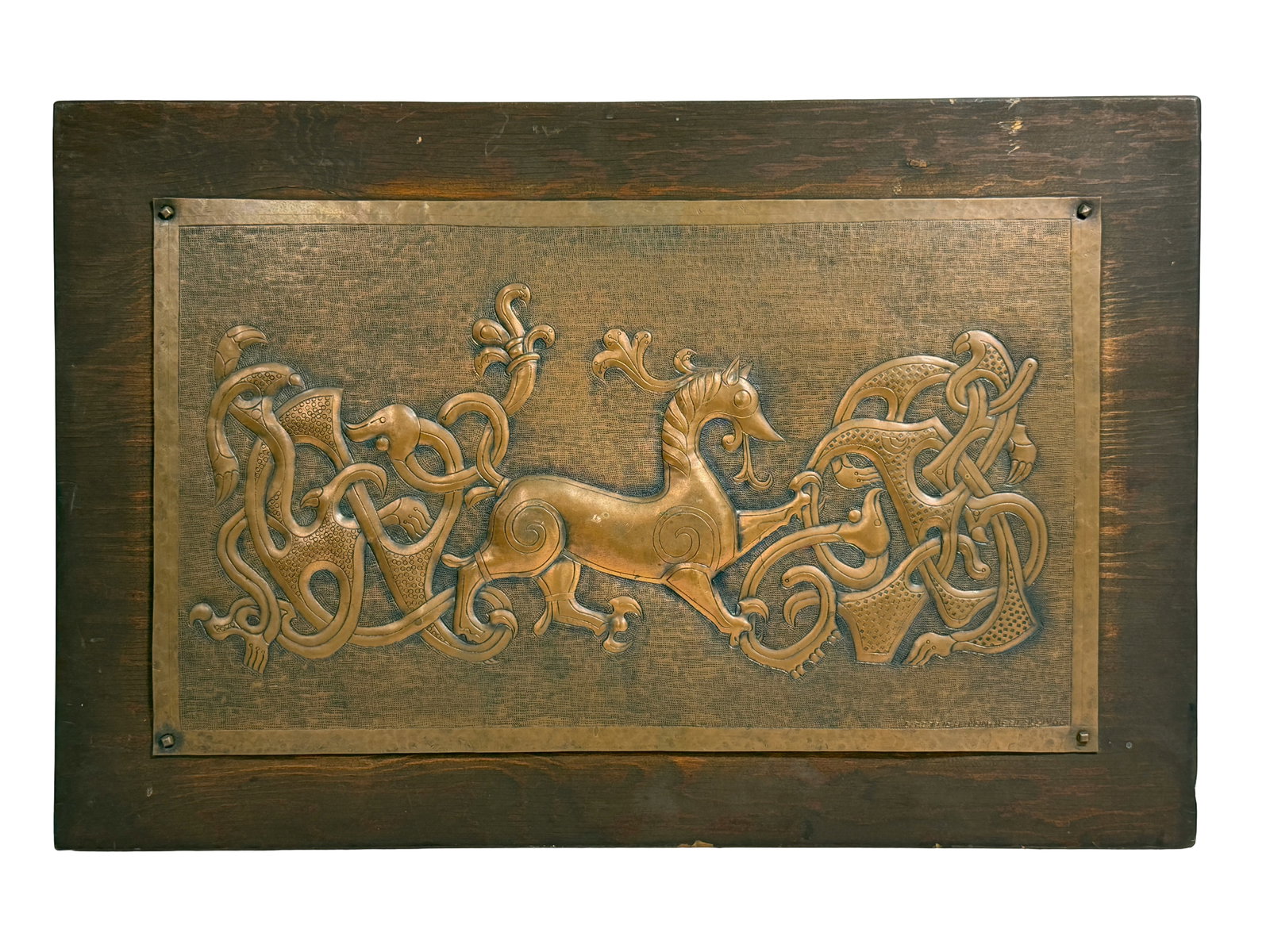 Framed Bronze-Tone Relief Plaque with Mythic Animal and Interlace Design (1 of 5)