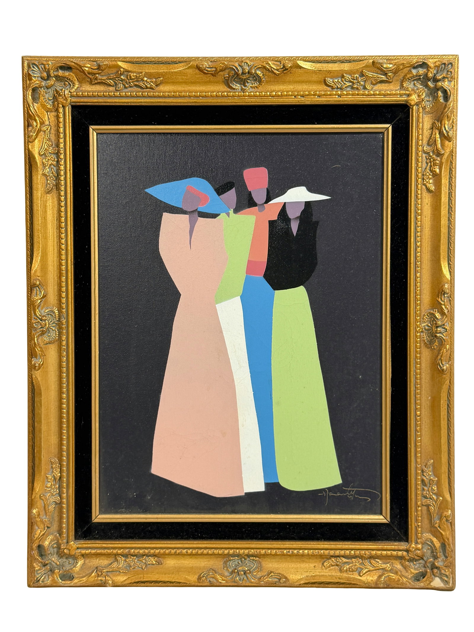 Title: Framed Modernist Figurative Painting, Three Women Signed Hanenty: Original modernist-style painting depicting three stylized female figures in flat geometric color fields against a dark background. Signed lower right (appears illegible). Presented in an ornate gilt