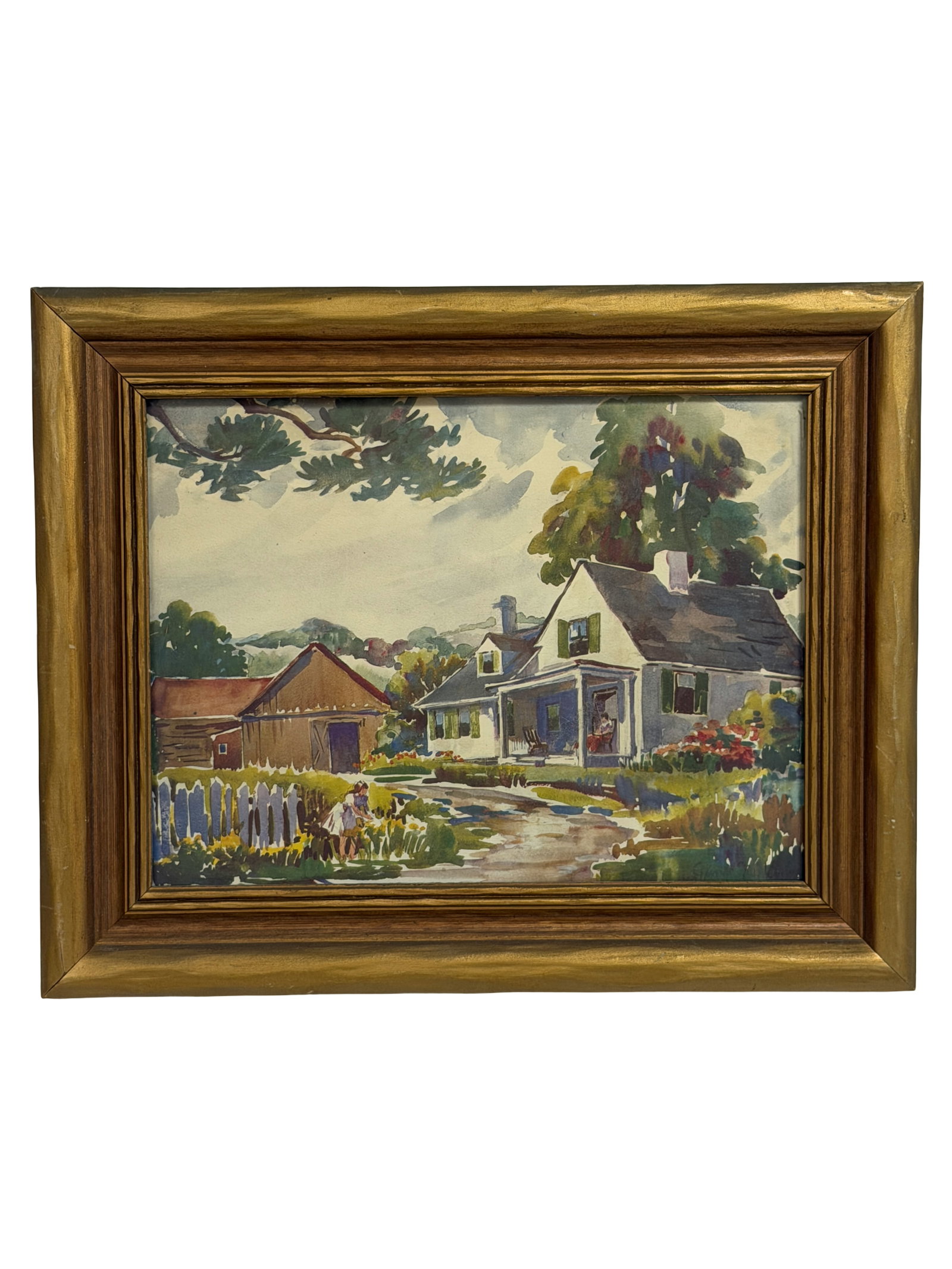 Vintage Watercolor Painting Rural Farmhouse Landscape Signed (1 of 5)