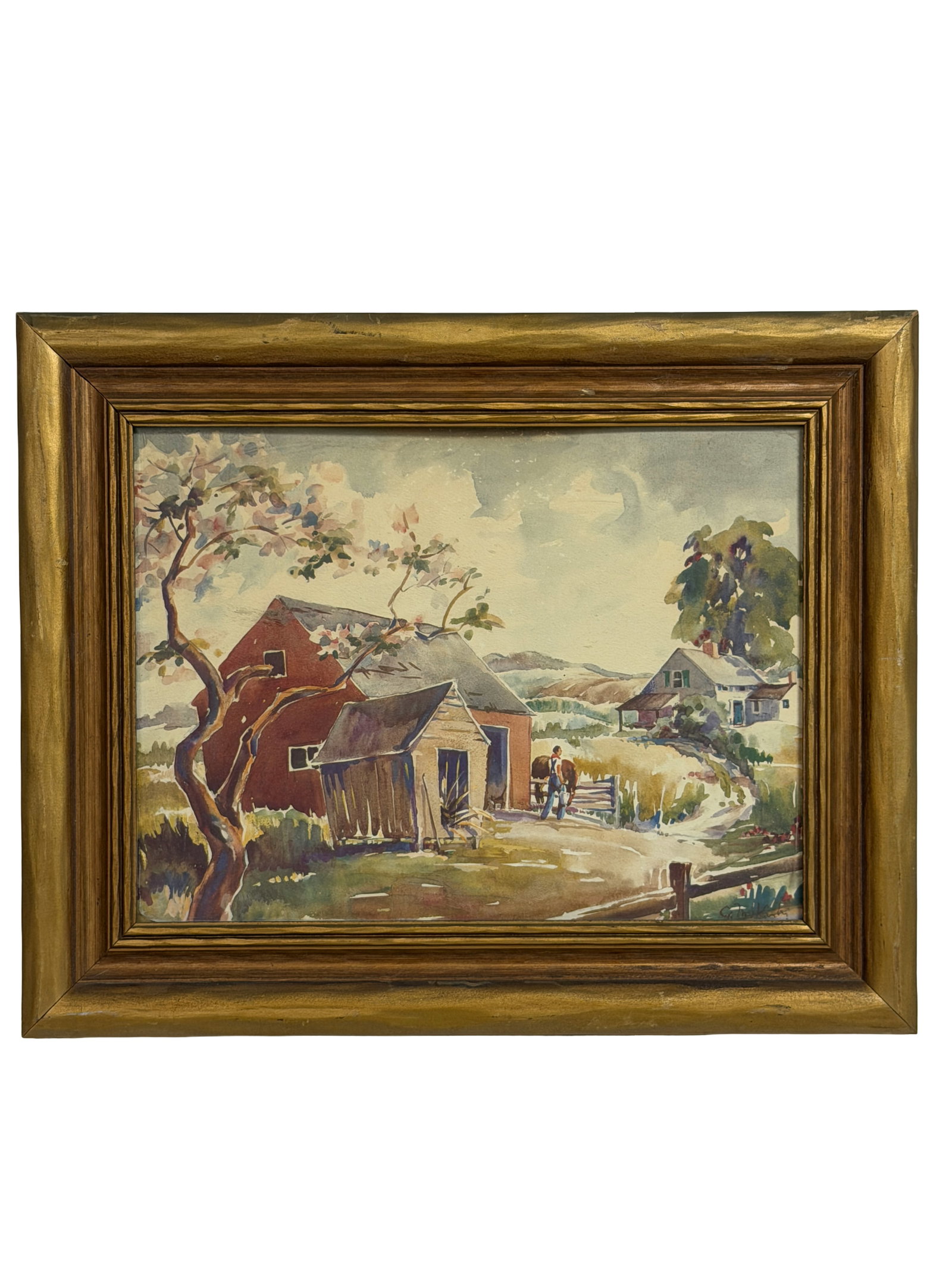 Framed Rural Barn Landscape Watercolor Signed: Watercolor landscape depicting a red barn, farmhouse, and winding country lane with figures in the foreground. Similar style and framing to Lot 79, likely a companion piece. Framed under glass in a go