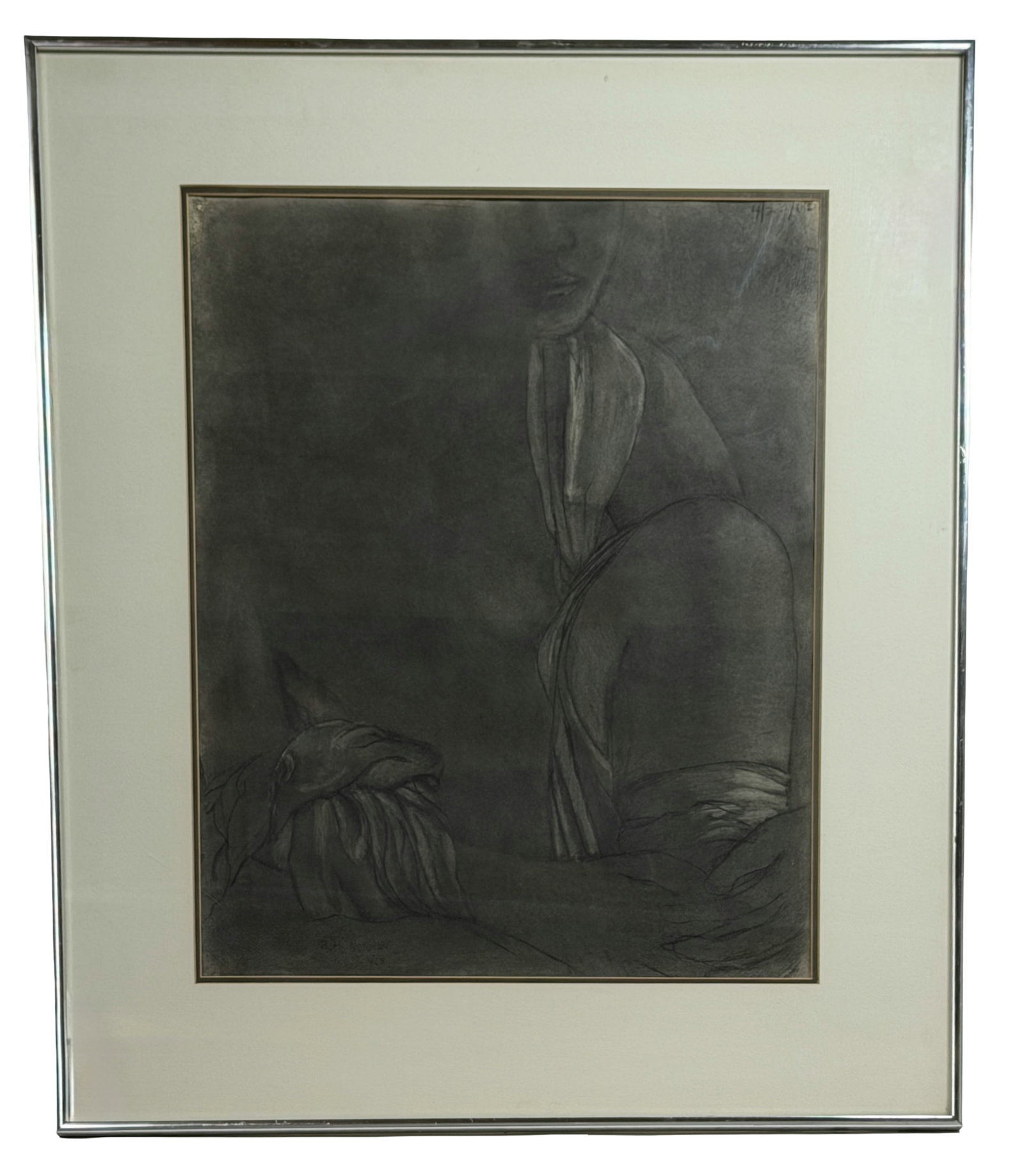 Framed Charcoal Drawing of Seated Female Figure, Signed Rut Norman (1963): Original charcoal drawing depicting a partially rendered seated female figure in a dark, moody composition. The work is signed ?Ruth Norman? and dated ?4/63? in the lower area. Presented under glass w