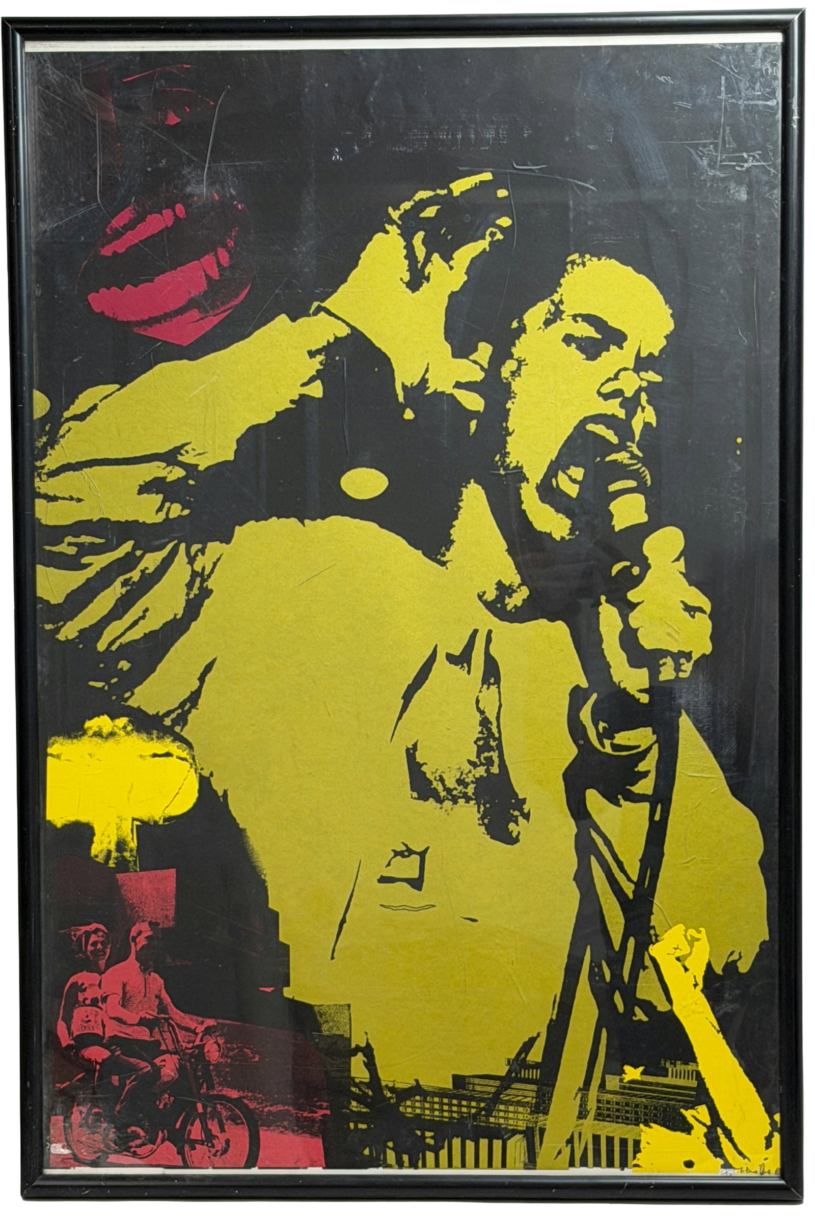 Pop Art Street Art influenced mixed-media piece Signed: Bold graphic portrait in yellow and black with red accents, likely screenprint or mixed media poster art. Dramatic modern composition with urban collage elements, framed under glass in a black metal f