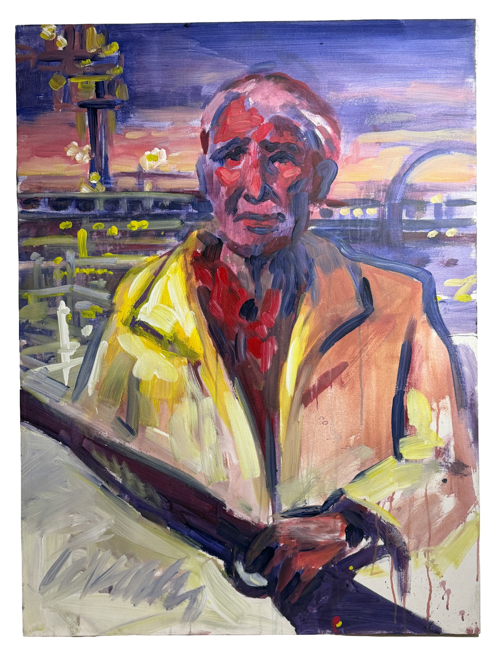 Warren Keating, Becoming Oblivious Acrylic on Canvas Large Painting: Contemporary figurative acrylic painting depicting a standing female figure in a white slip against an industrial nighttime cityscape in vivid blue, pink, and violet tones. Signed lower right. Label o