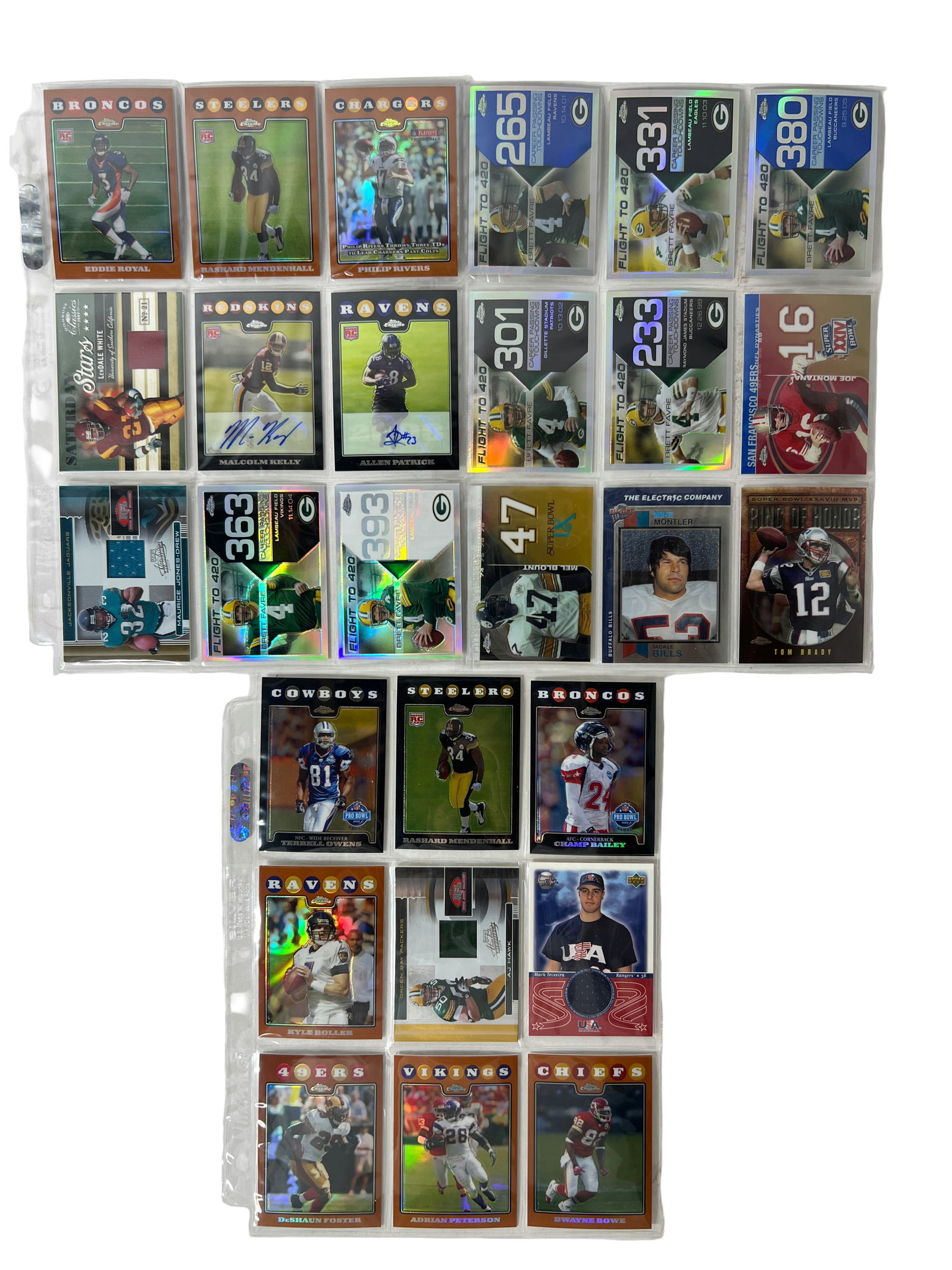 Modern Football Card Lot with Inserts and Autos: Mixed football cards including Brett Favre inserts, patch card, parallels, and assorted stars/rookies.