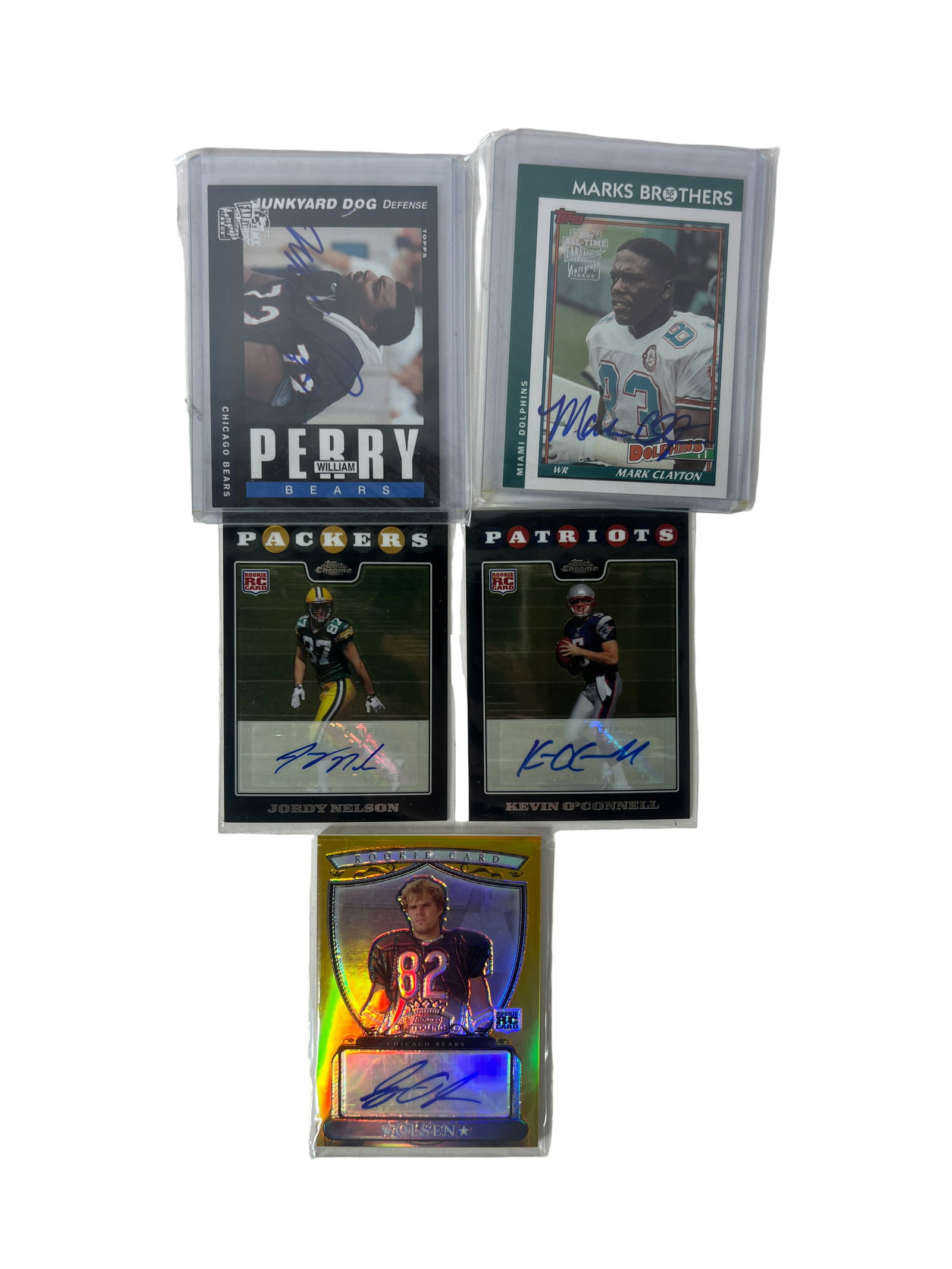 Autographed Football Card Lot: Small lot of autographed football cards including William Perry, Mark Clayton, Jordy Nelson, Kevin O'Connell, and Greg Olsen.