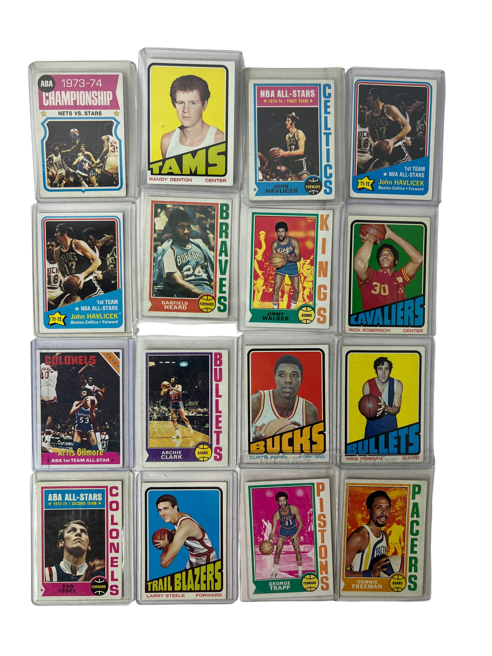 Vintage Basketball Card Lot in Toploaders: Assorted vintage basketball cards including John Havlicek, Artis Gilmore, Dan Issel, Jimmy Walker, and ABA/NBA All-Star issues.