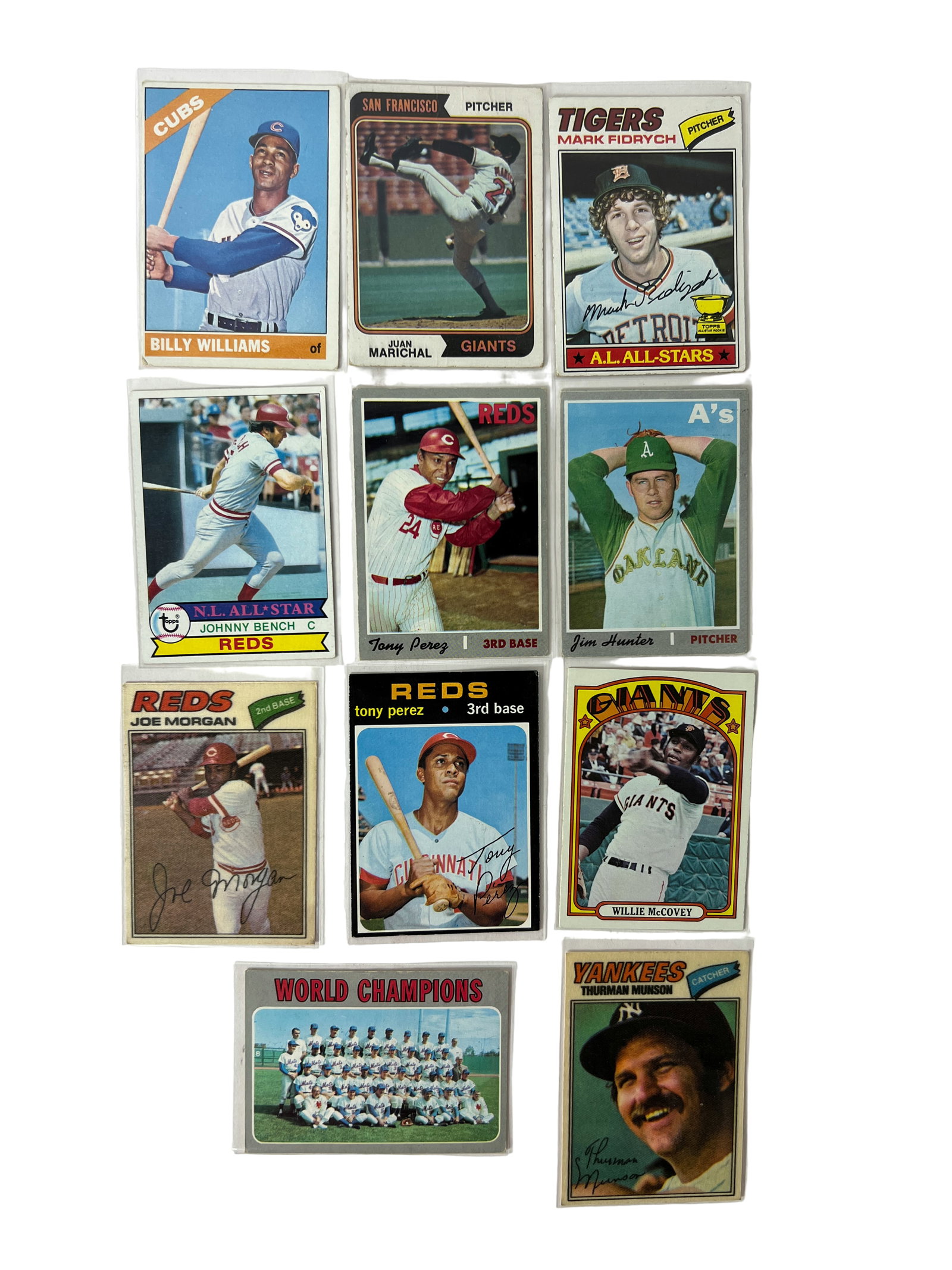 Vintage Baseball Stars and Team Card Lot: Mixed vintage baseball cards including Billy Williams, Juan Marichal, Mark Fidrych, Johnny Bench, Joe Morgan, Willie McCovey, and Thurman Munson.