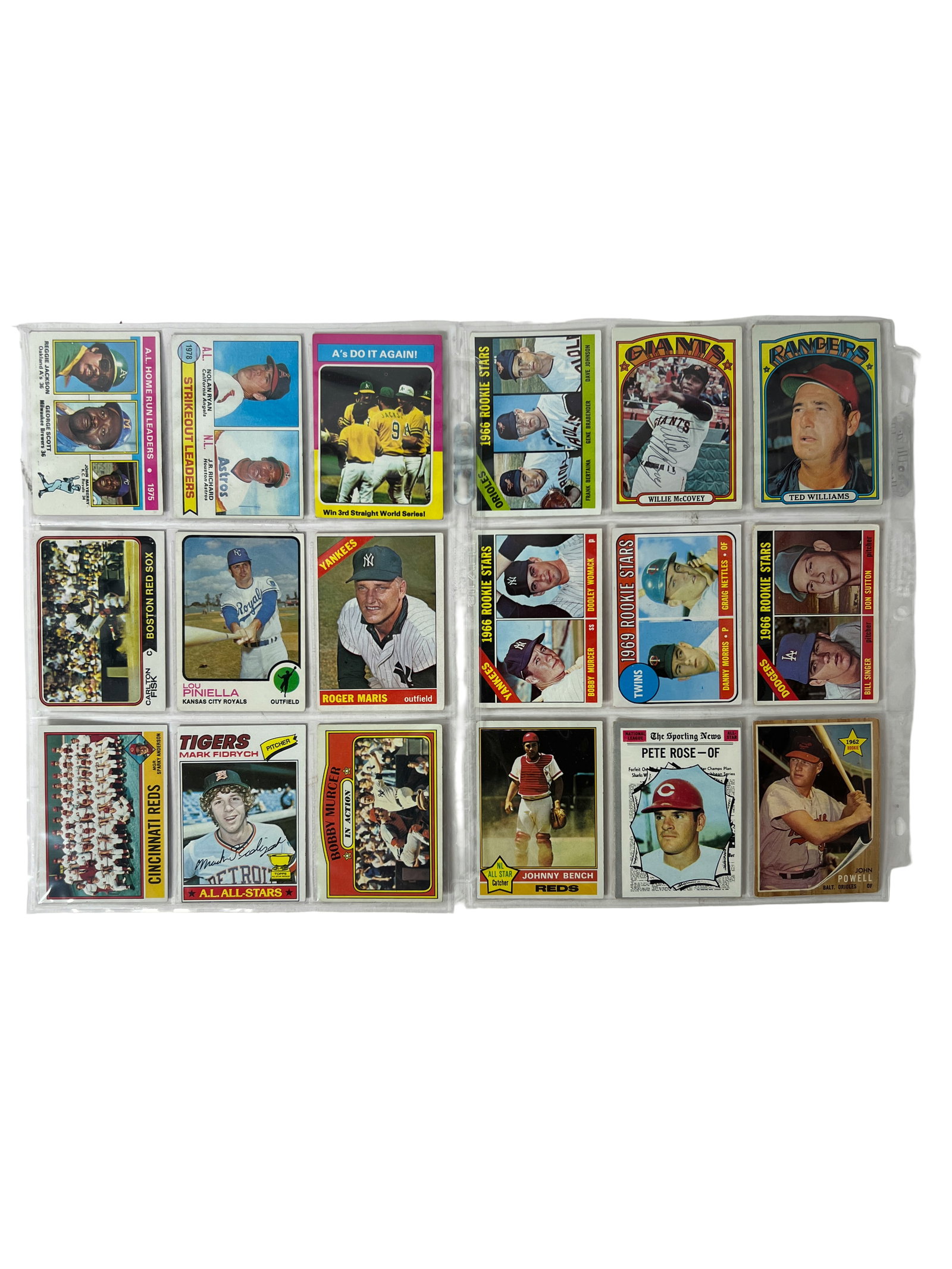 Vintage Baseball Trading Cards: mixed vintage baseball cards including Willie McCovey, Ted Williams, Roger Maris, Lou Piniella, Mark Fidrych, Johnny Bench, Pete Rose, and rookie stars/leaders cards.
