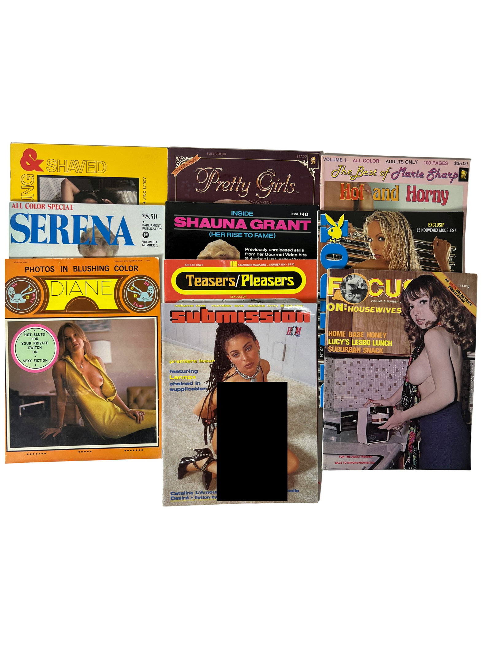 Mixed Adult Magazine Lot (Vintage Assorted Titles, Approx. 10 pcs): Assorted vintage adult magazines including Serena, Teasers Pleasers, and Submission; mixed condition.