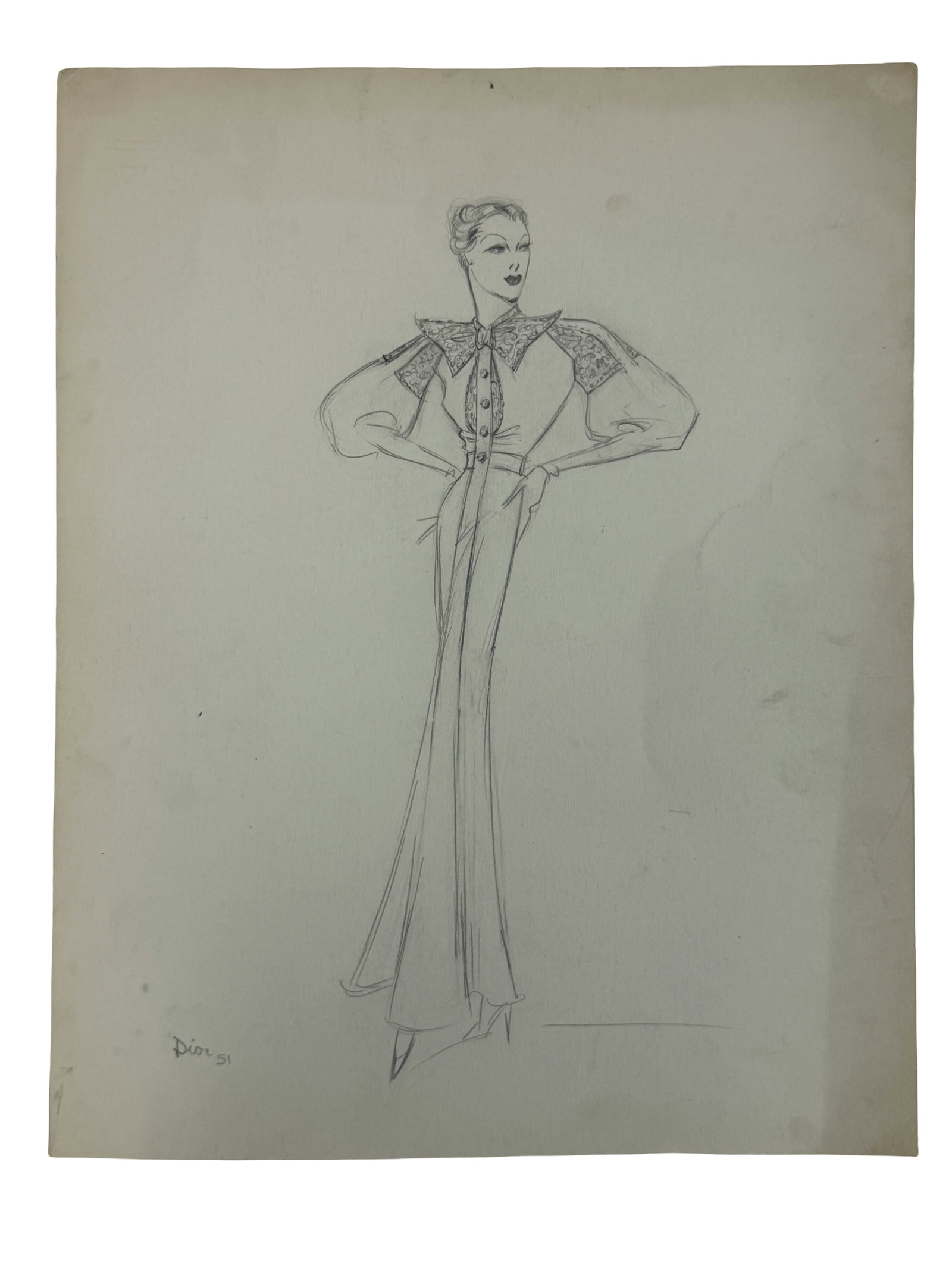 Vintage Fashion Drawing Signed Christian Dior: Vintage Fashion Drawing Signed Christian Dior