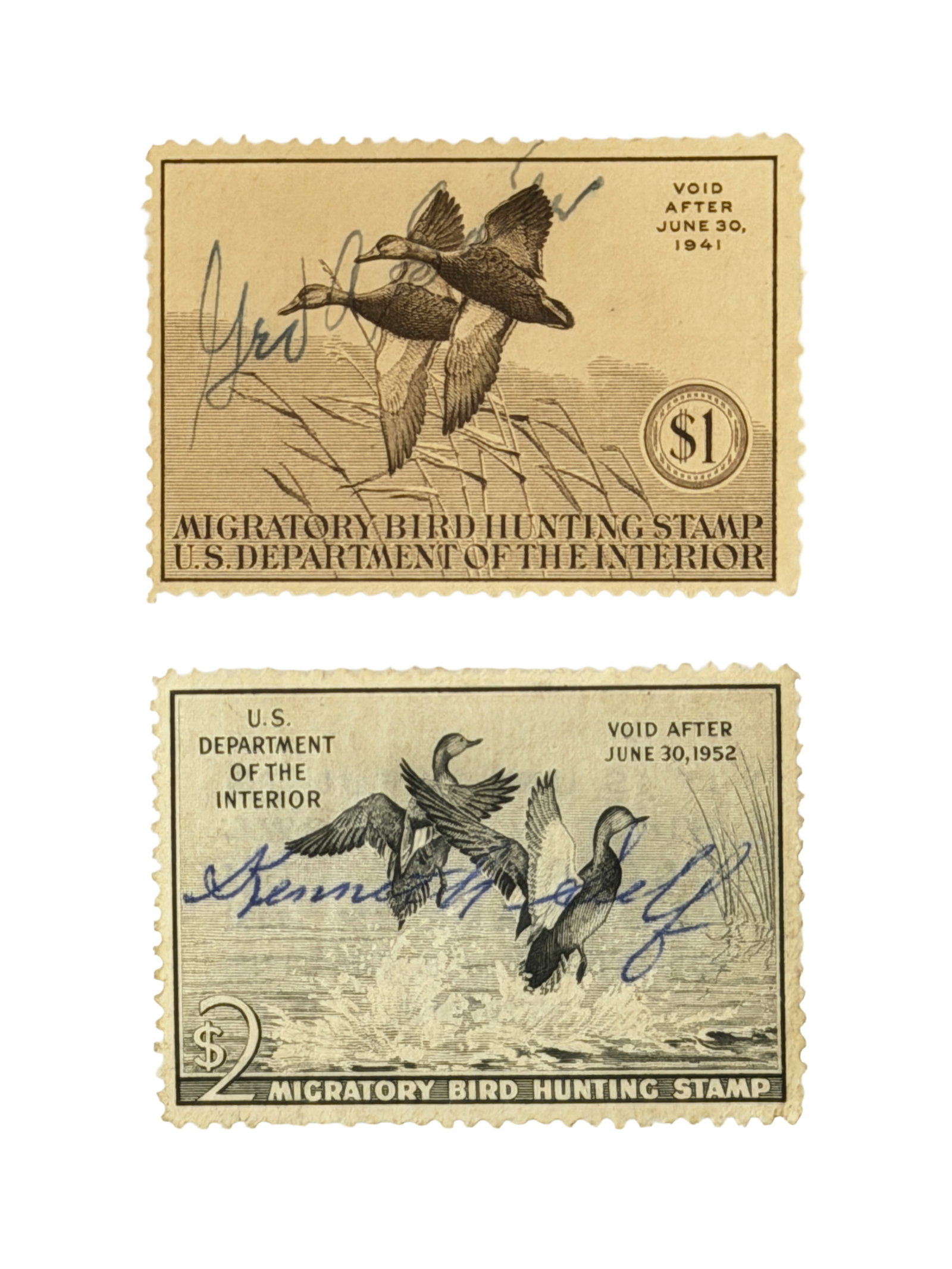 U.S. Migratory Bird Hunting Stamps Signed (1941 and 1952): Two vintage U.S. Department of the Interior Migratory Bird Hunting stamps: $1 (void after June 30, 1941) and $2 (void after June 30, 1952), both with pen signatures/markings.
