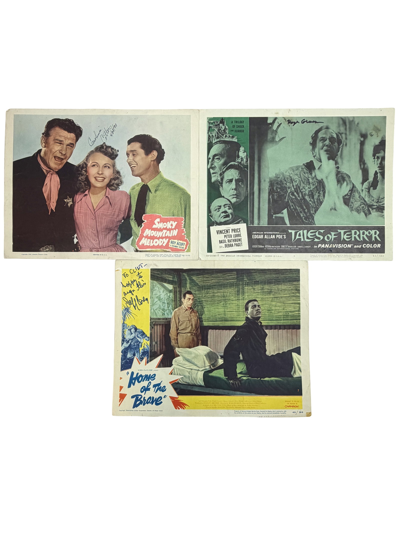 Vintage Hand Signed Movie Lobby Cards (Smoky Mountain Melody, Tales of Terror, Home of the Brave): Group of 3 vintage lobby cards, some autographed, light wear.