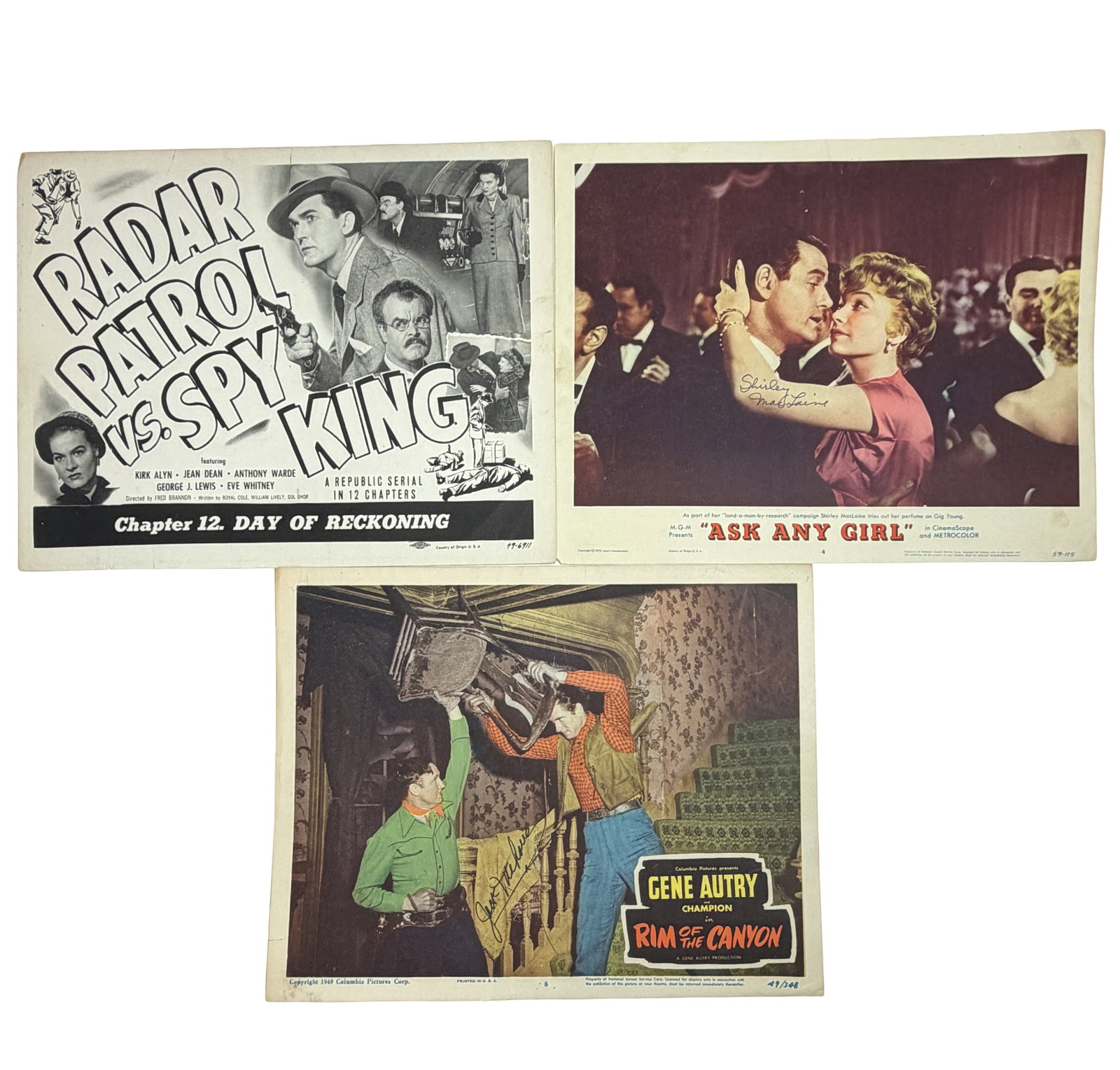 Vintage Hand Signed Lobby Cards (Radar Patrol vs Spy King, Ask Any Girl, Rim of the Canyon): Group of 3 vintage lobby cards, some autographed.