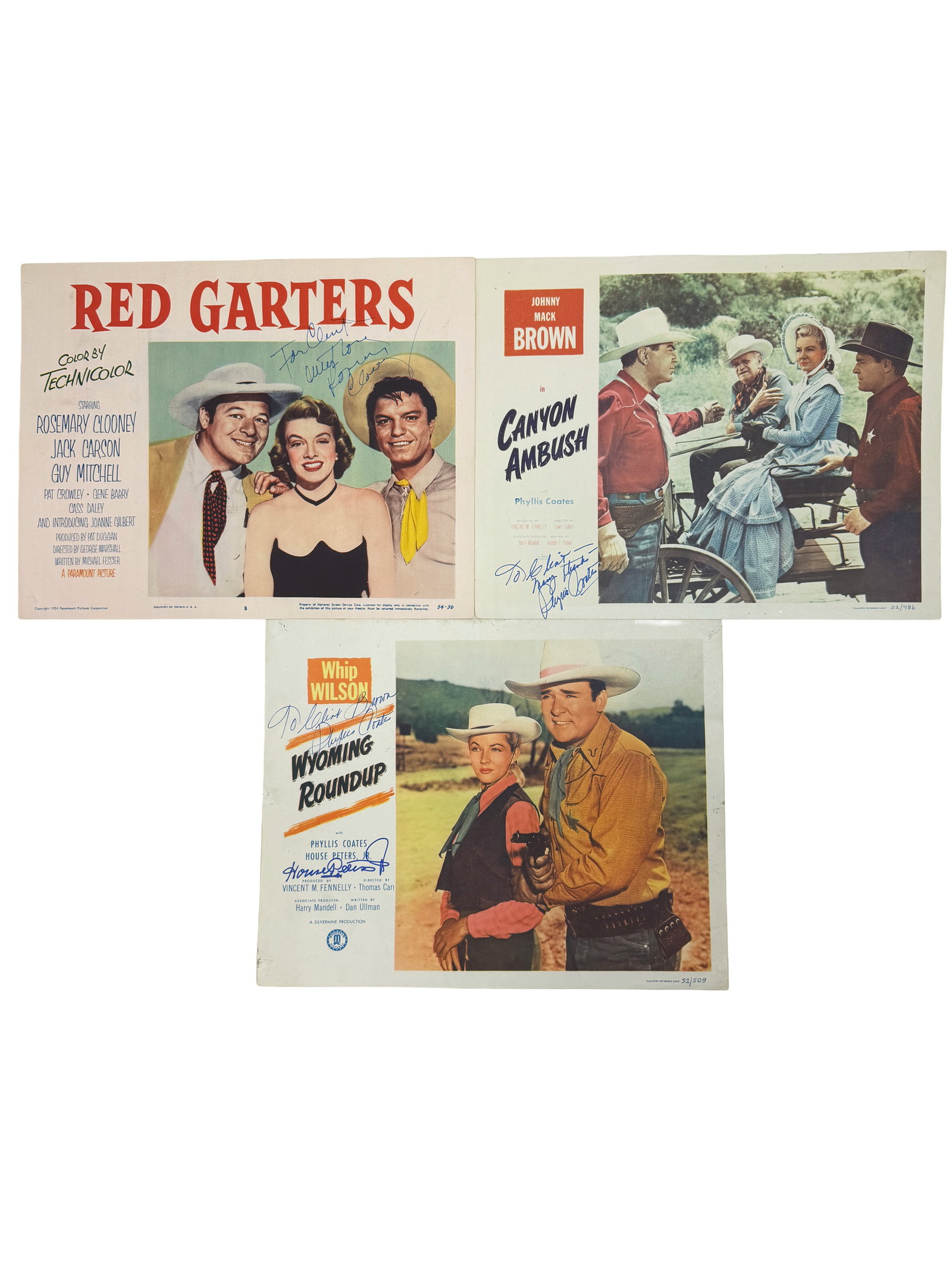 Vintage Hand Signed Western Lobby Cards (Red Garters, Canyon Ambush, Wyoming Roundup): Group of 3 western lobby cards, some autographed.