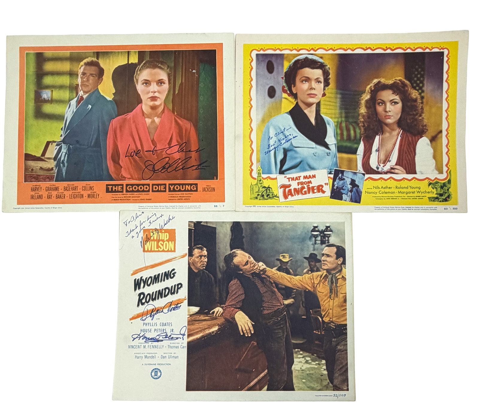 Vintage Hand Signed Lobby Cards (The Good Die Young, That Man from Tangier, Wyoming Roundup): Group of 3 vintage lobby cards, some autographed, light to moderate wear.
