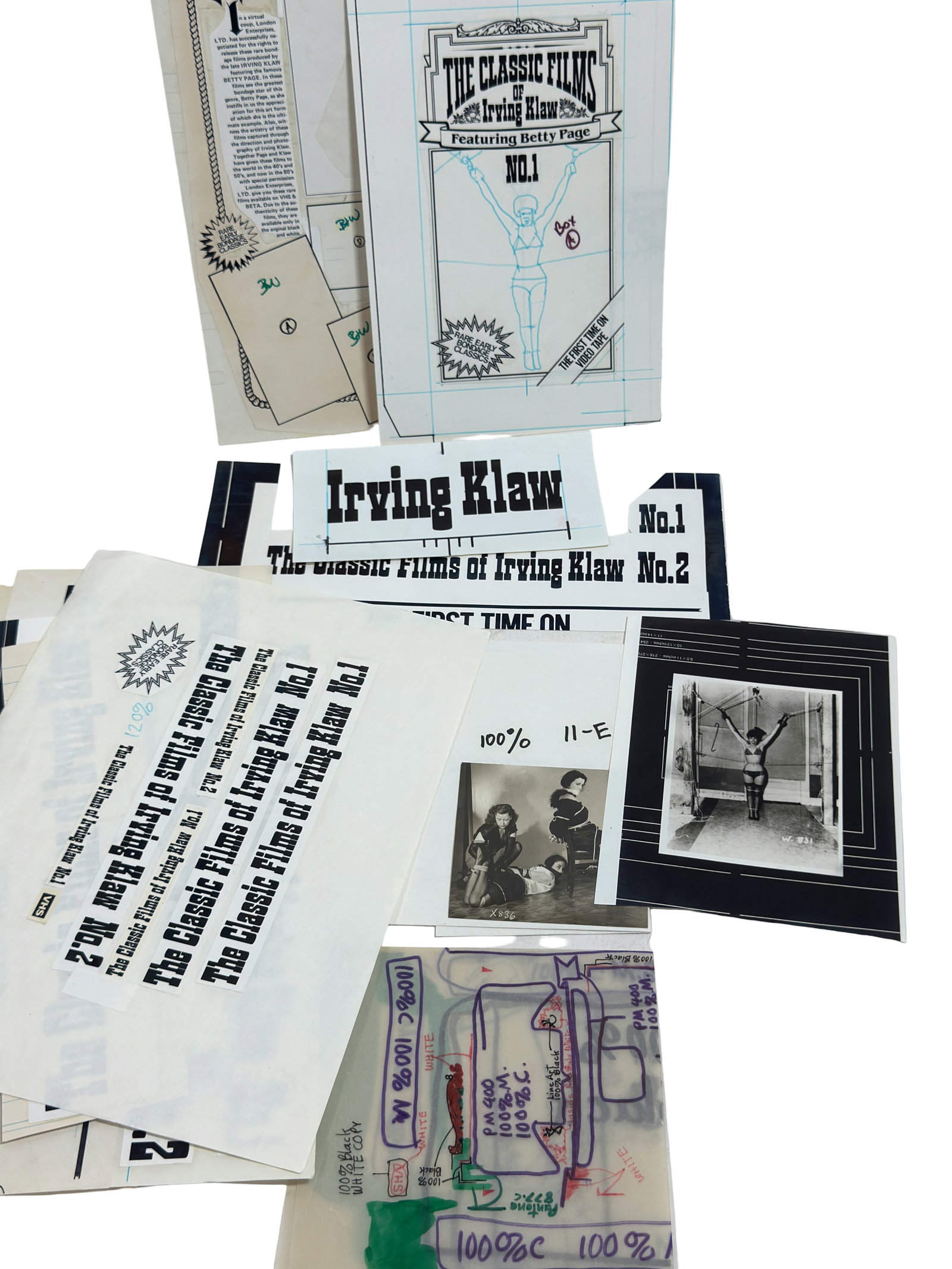 The Classic Films of Irving Klaw ? Production Proofs & Materials (No.1) with Original Photo: Collection of printing proofs, layouts, transparencies and design materials for Irving Klaw publication.