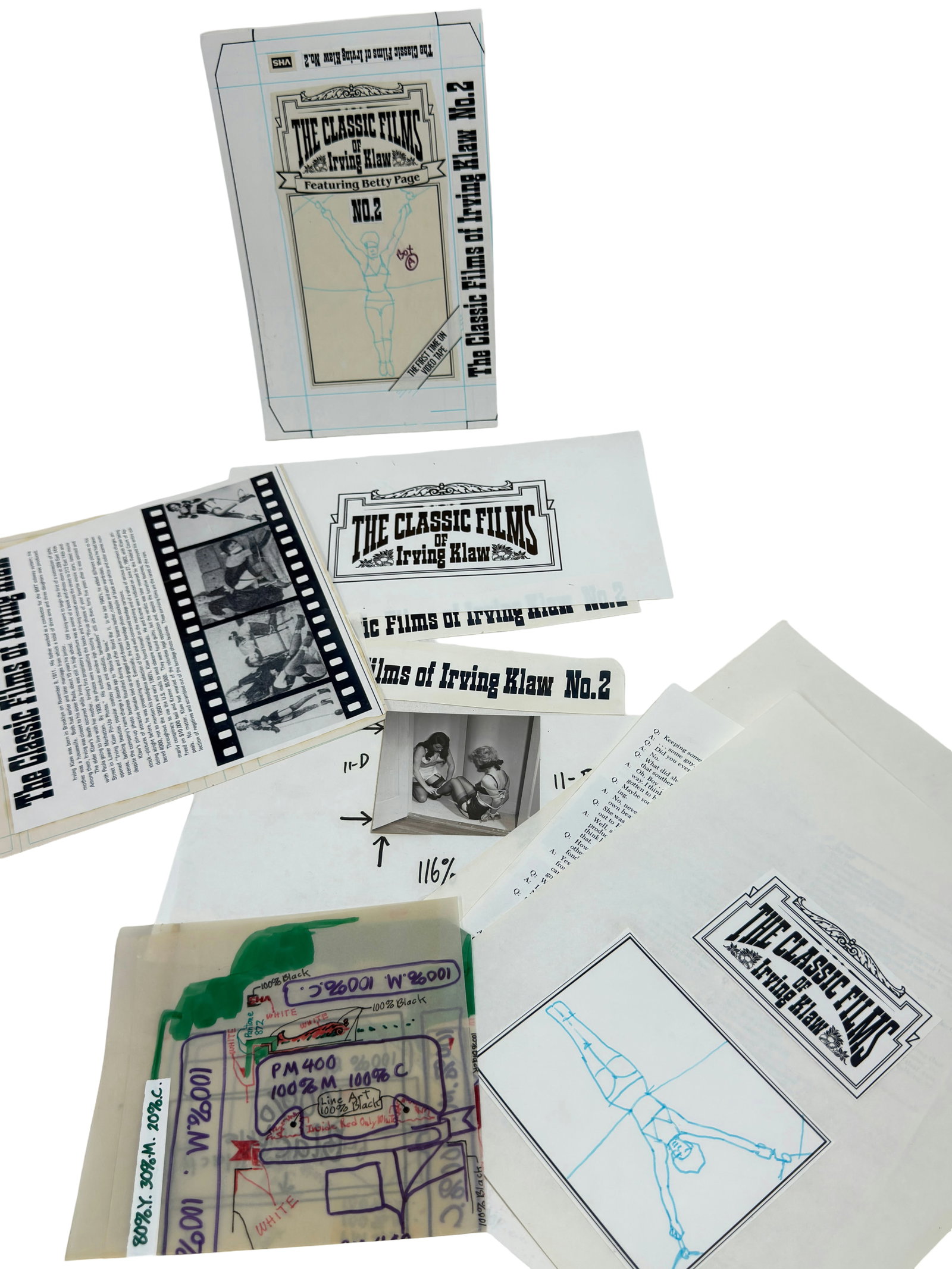 The Classic Films of Irving Klaw ? Production Proofs & Materials (No.2) with Original Photo: Additional group of proofs, layouts, negatives and printing elements related to Irving Klaw series.