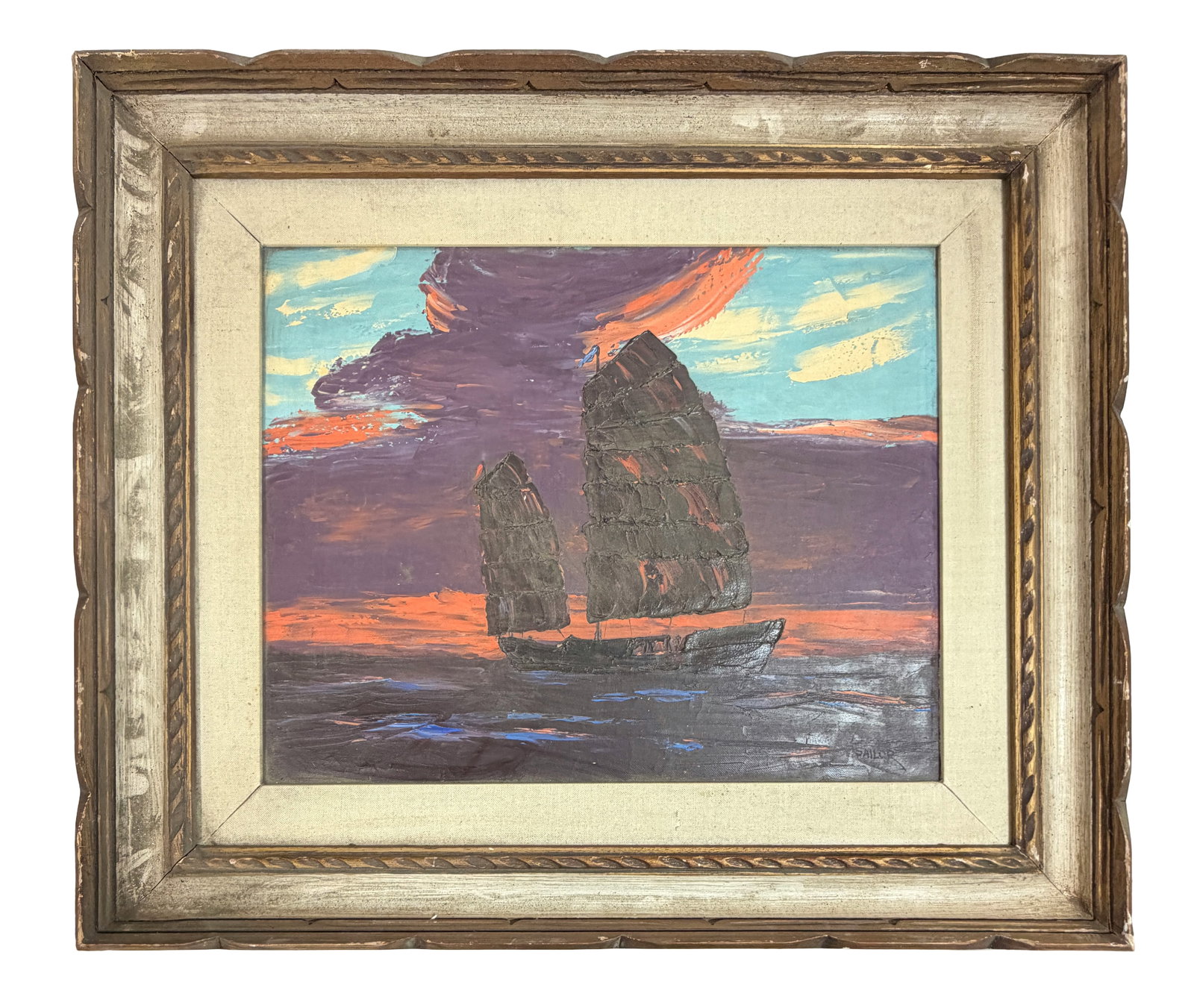 Framed Seascape Oil Painting on Canvas of Chinese Junk: Framed Seascape Oil Painting on Canvas of Chinese Junk