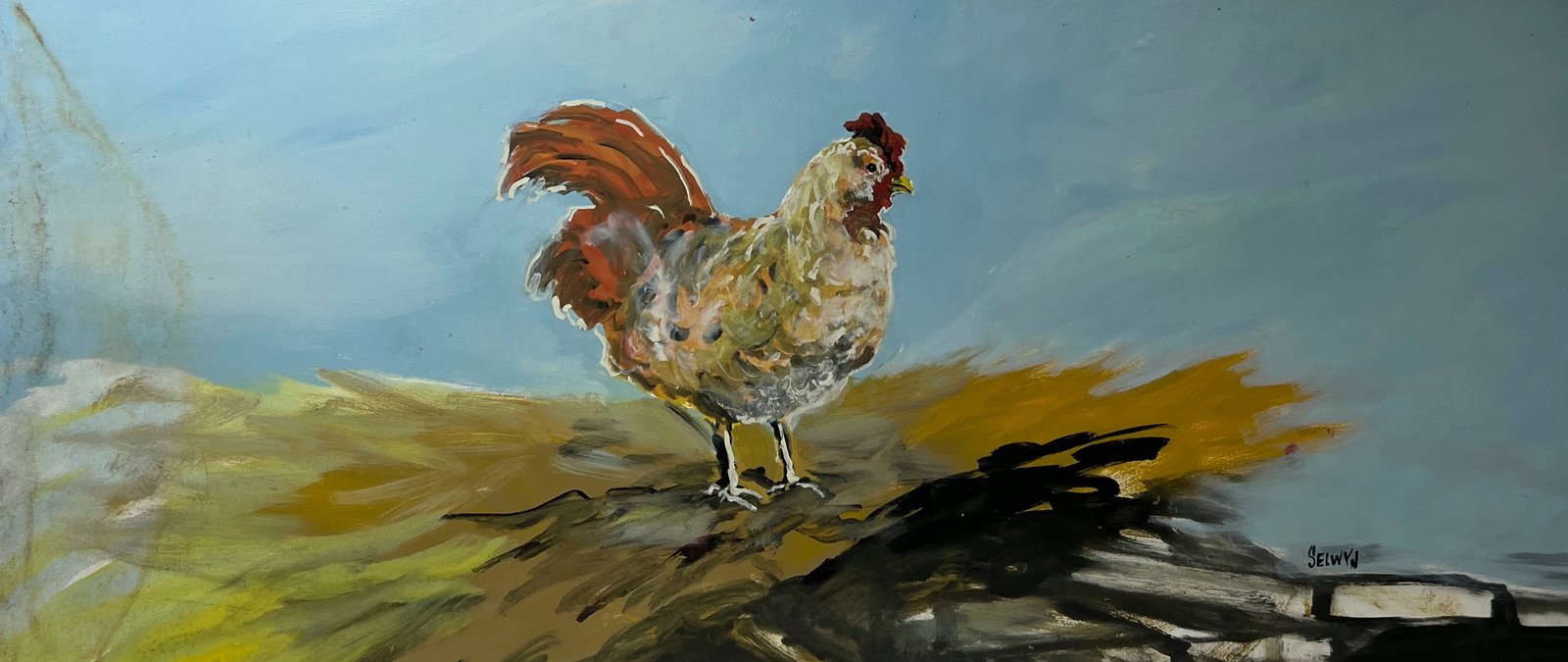 Vintage Rooster Oil Painting on Board signed by Selwyn (1 of 6)