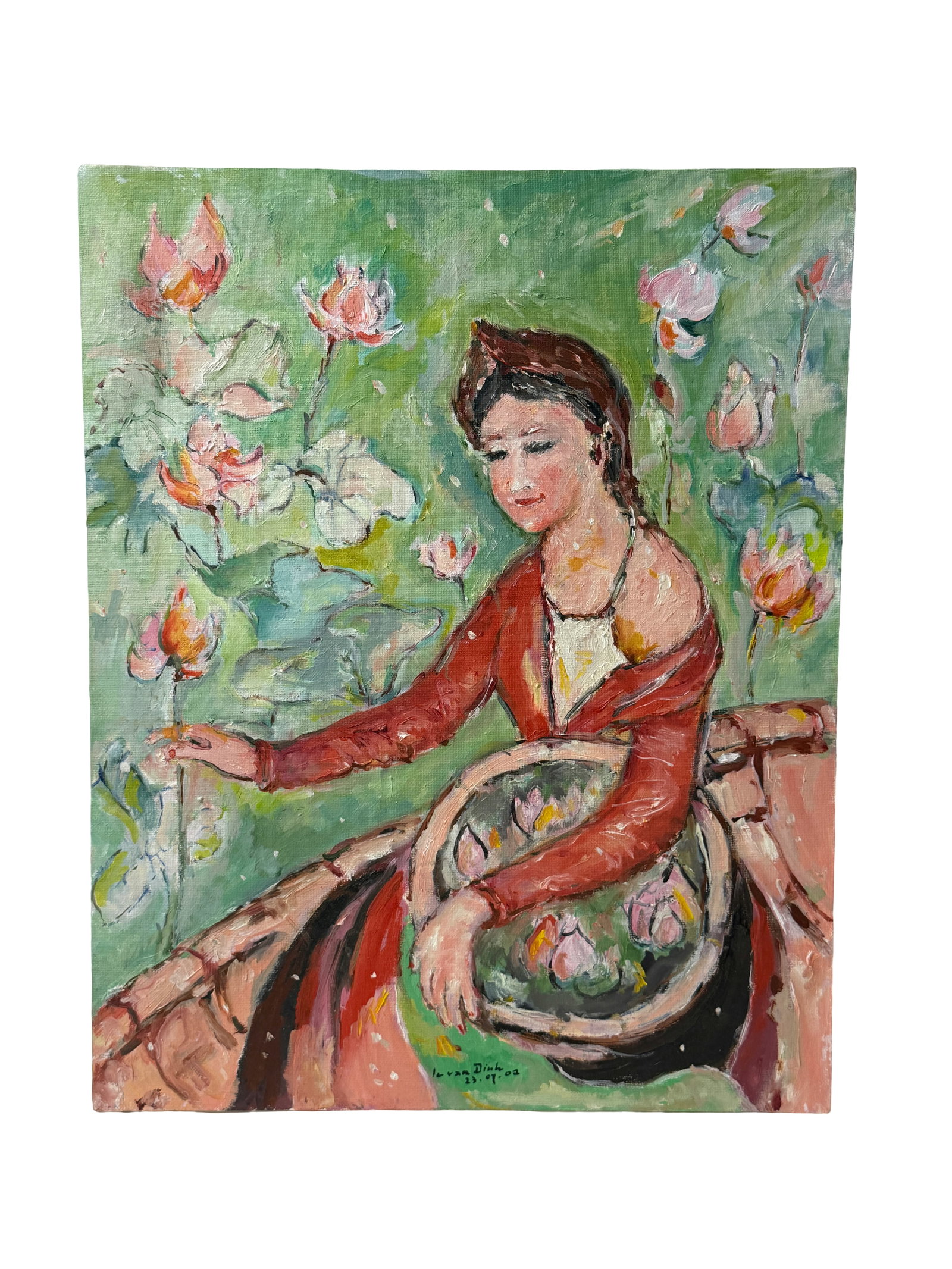 Vietnamese Oil Painting on Canvas Woman with Lotus Signed Dihn (1 of 3)