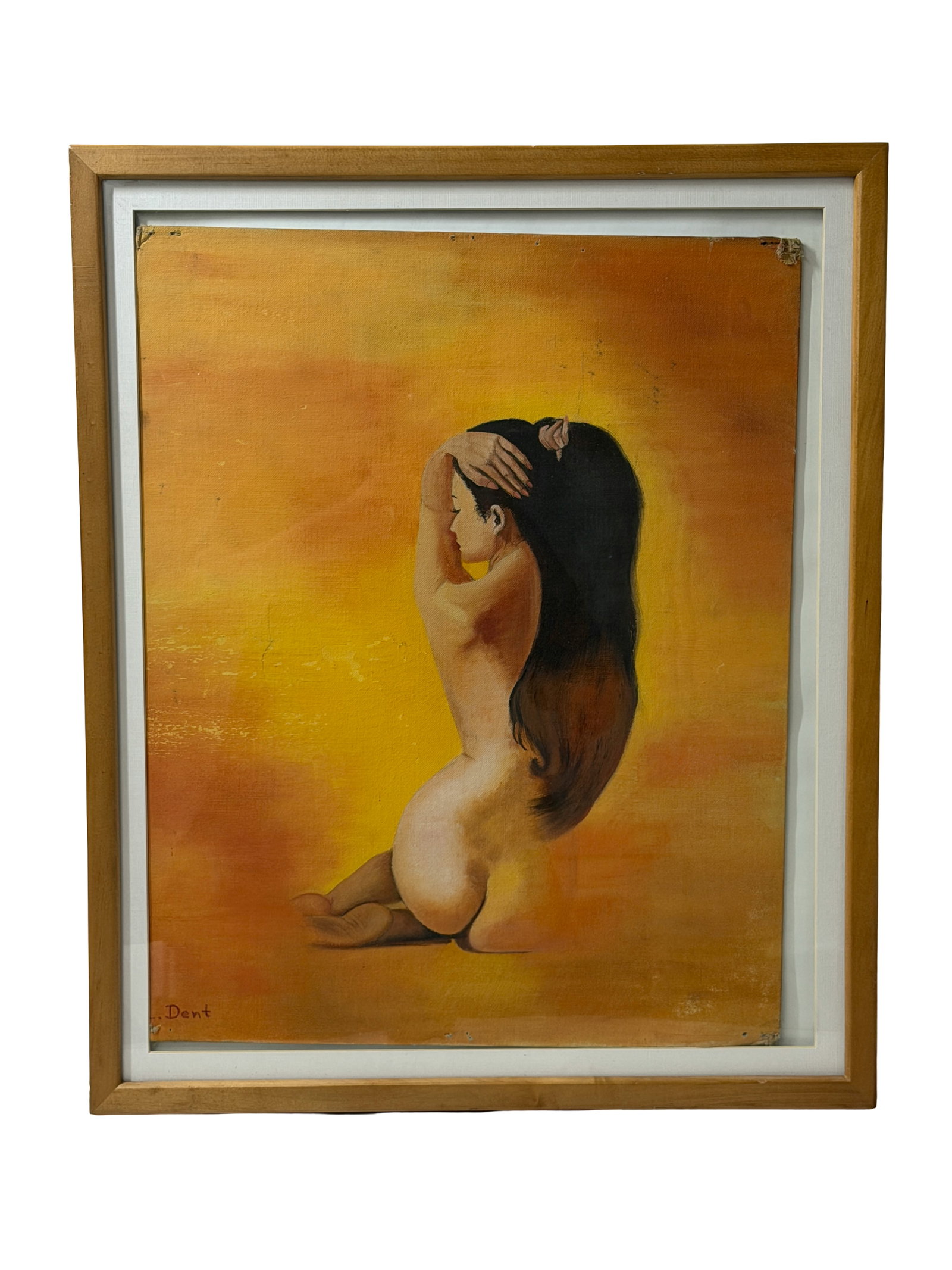 Female Nude Painting on Board Signed by Dent: Oil painting, framed