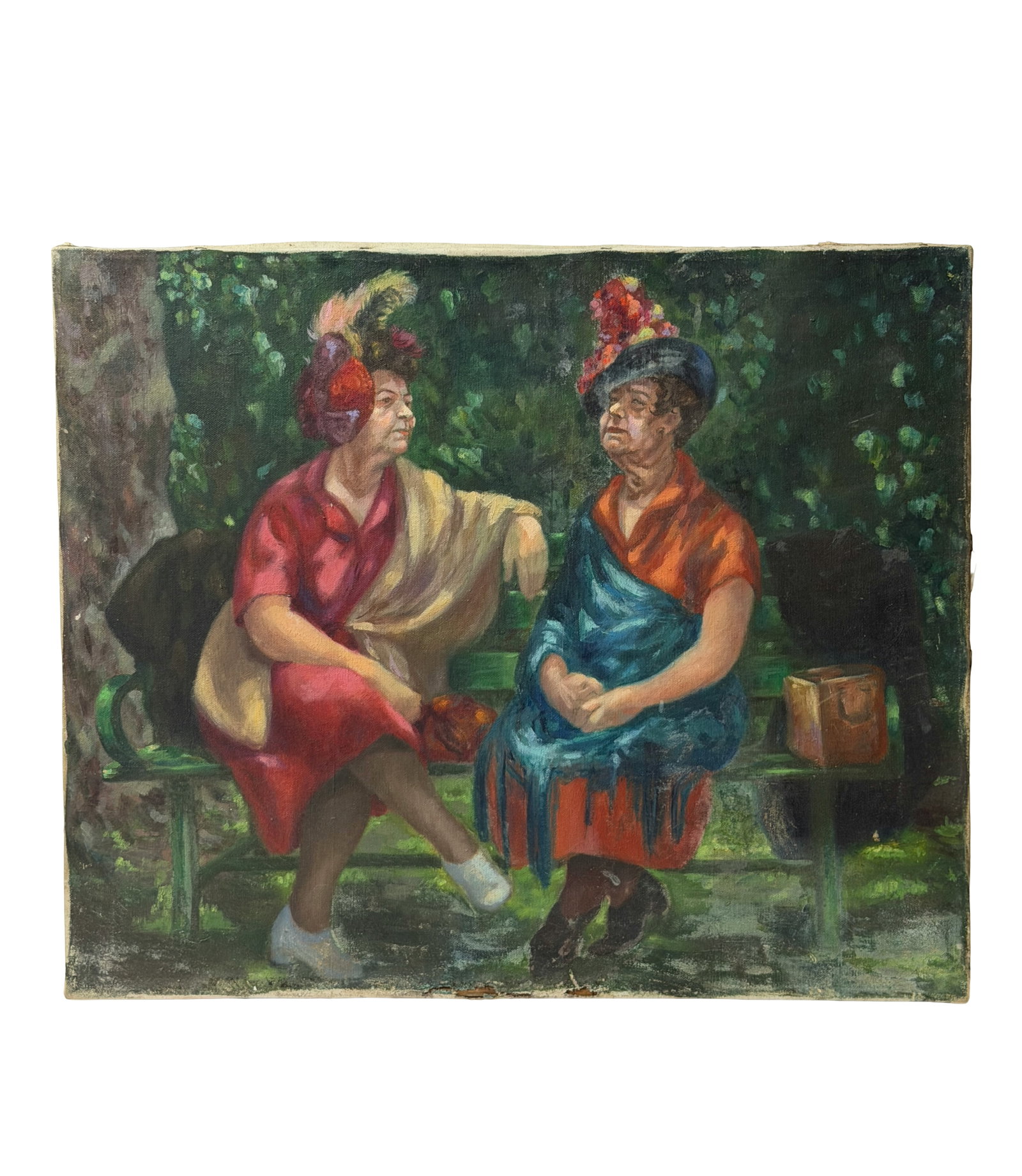 Two Women on Bench Oil Painting on Canvas (1 of 4)