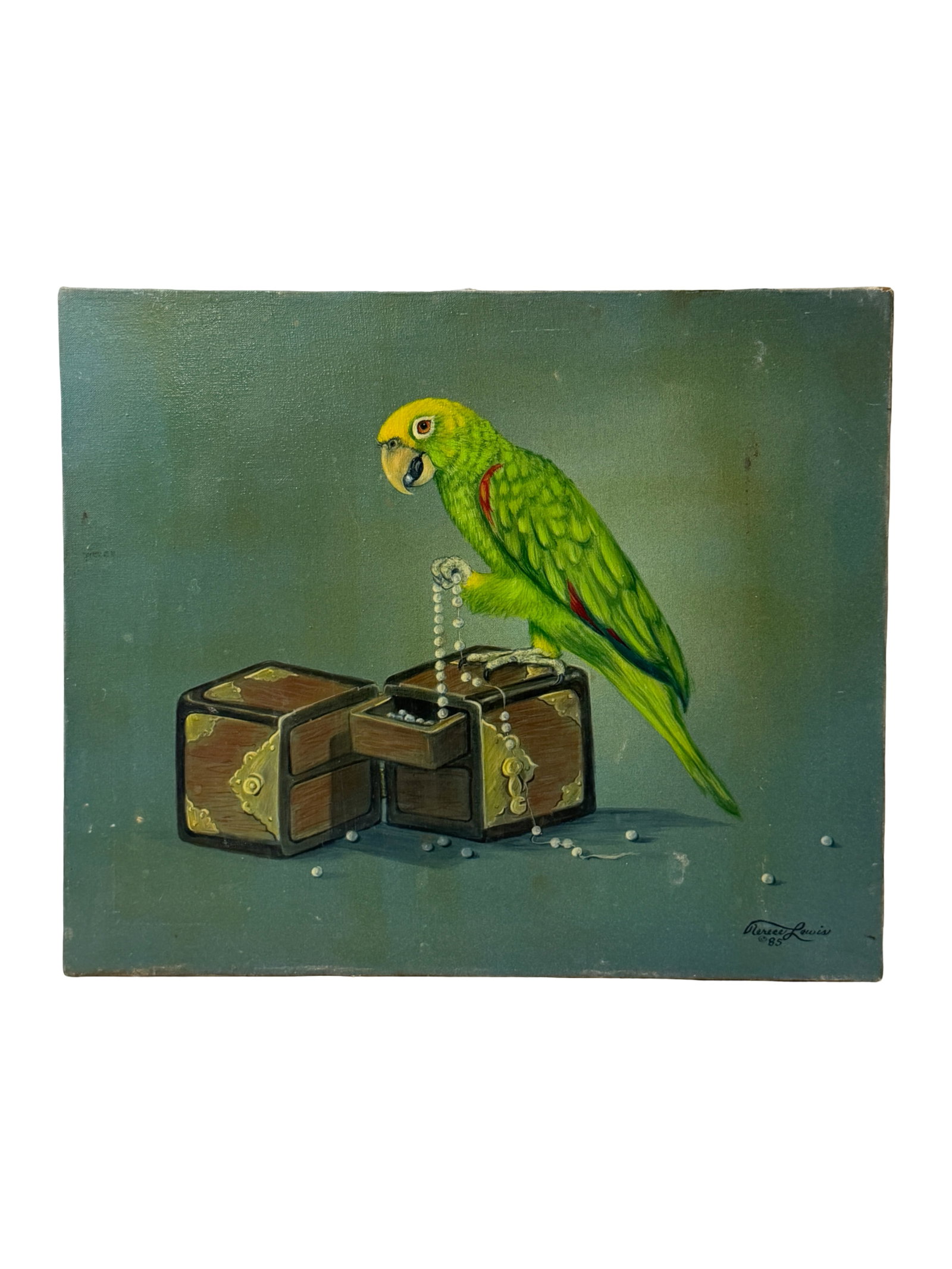 Vintage Oil Painting on Canvas Parrot and Jewelry Box Signed (1 of 6)