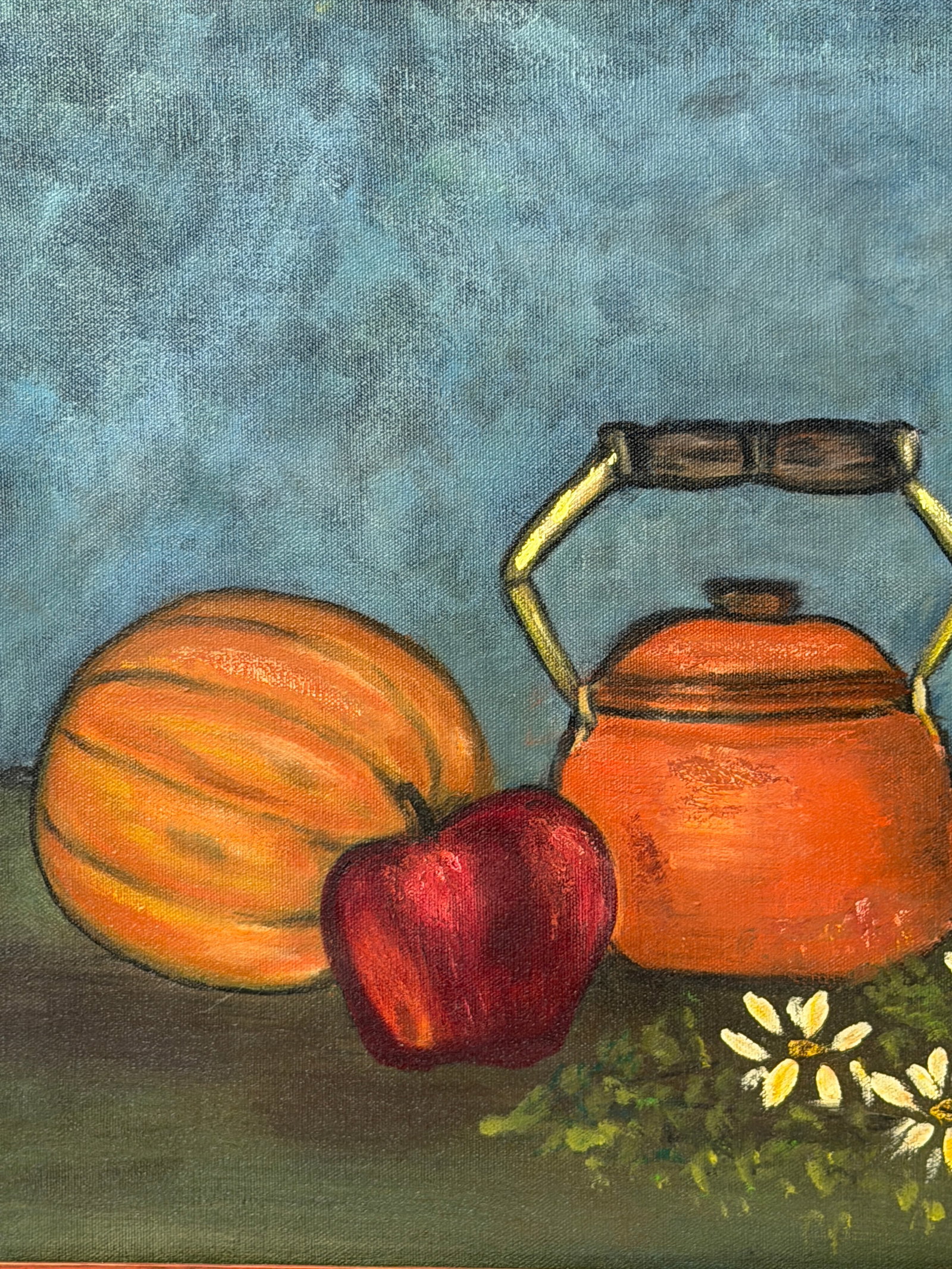 Oil Painting on Canvas Still Life with Teapot: Oil painting, teapot, apples, melon, flowers, traditional still life, framed composition