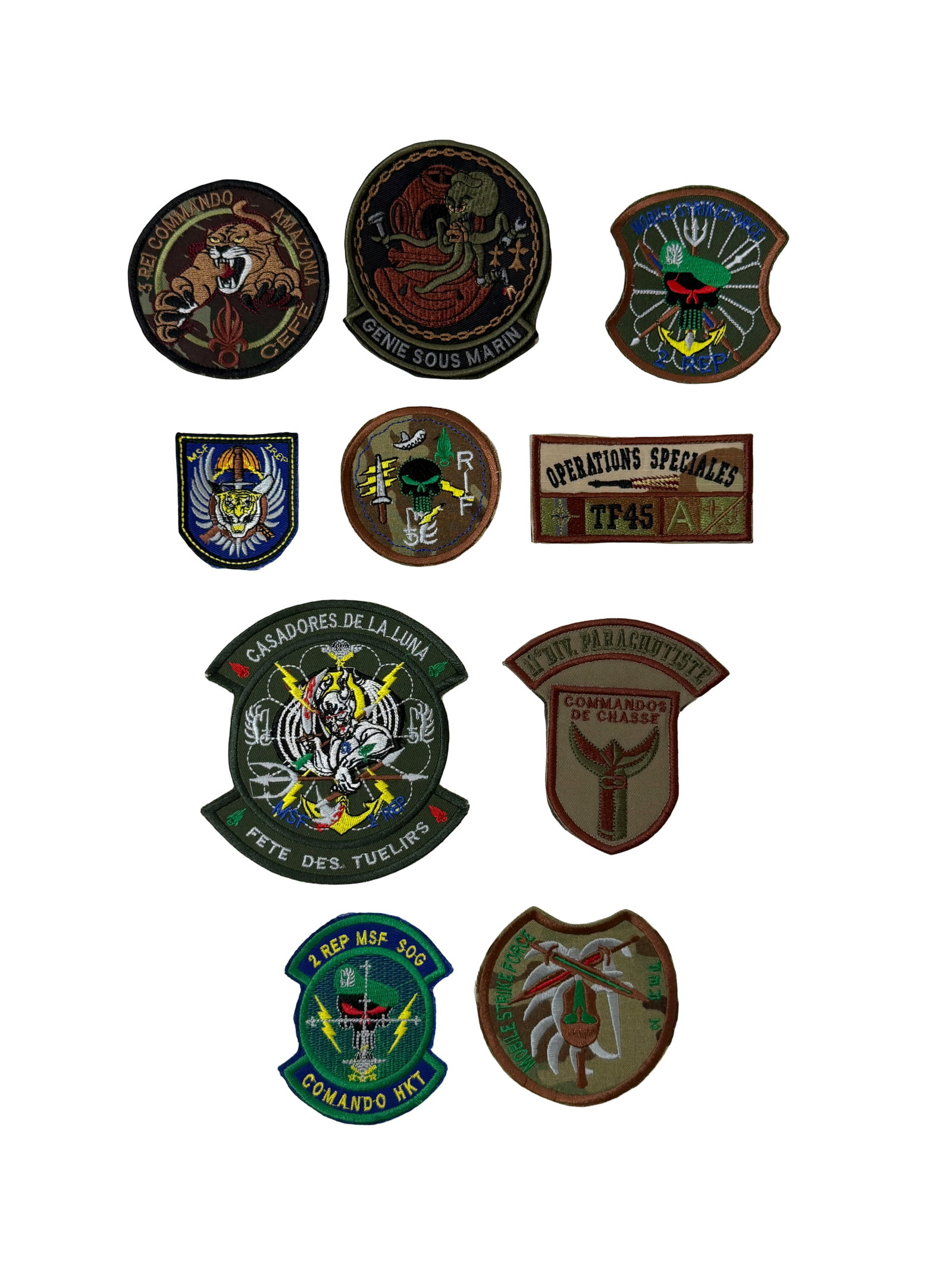 Collection of Military Embroidered Patches: Mixed lot of embroidered military and foreign legion patches, including French Foreign Legion commando units, special forces insignia, training centers, and marine units. Features various designs such