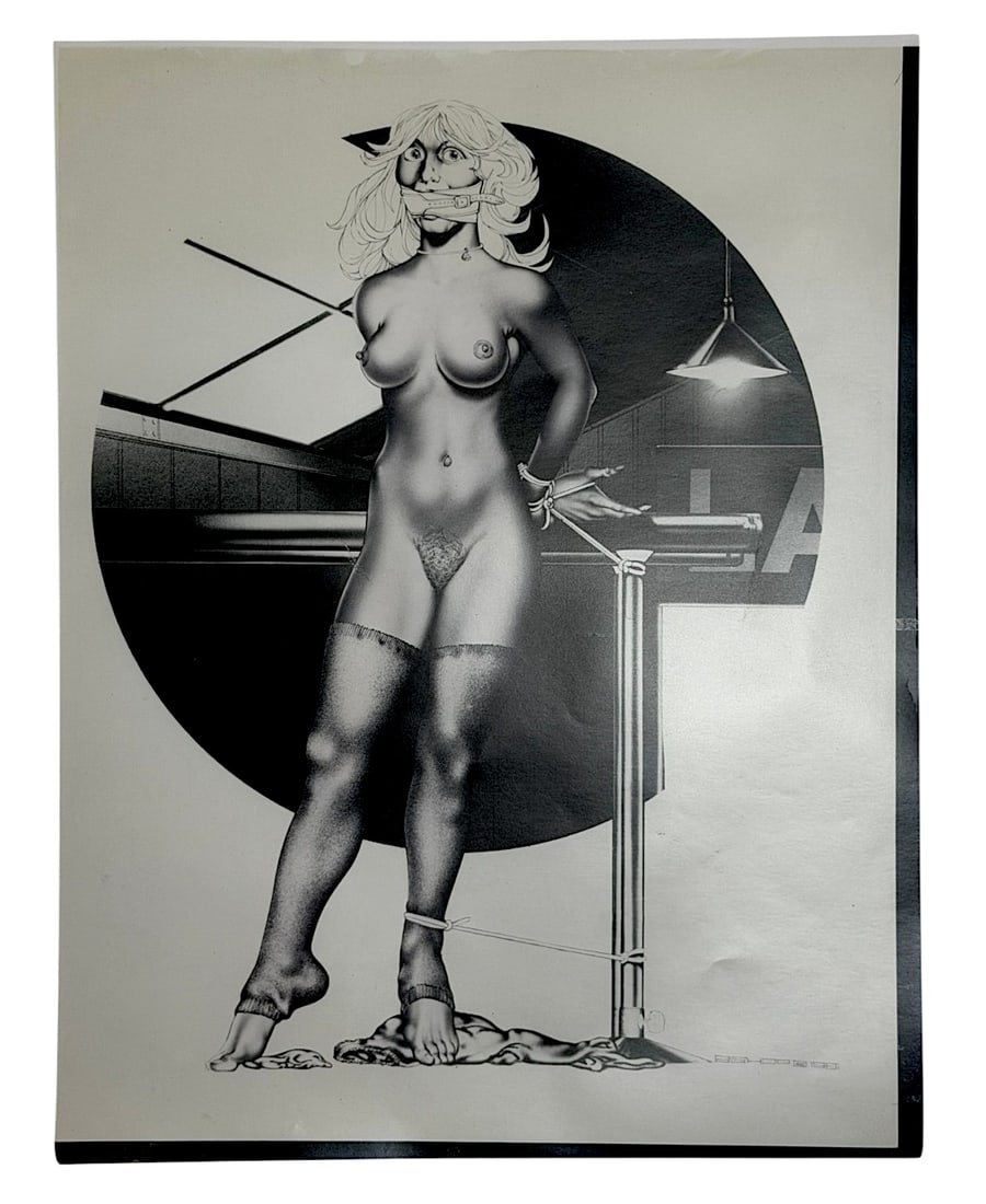 Erotic Fantasy Illustration Print: Vintage black-and-white illustration print depicting a stylized bound female figure in an interior setting. Detailed fantasy artwork with strong graphic composition. Signed and dated in plate lower