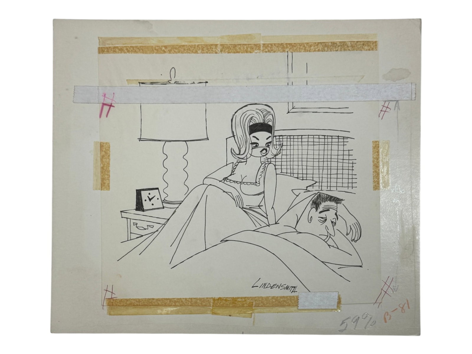 Original Lyndensmith Cartoon Artwork: Original signed cartoon drawing by Lyndensmith depicting a humorous bedroom scene. Mounted production art with paste-up elements and printer's notations.