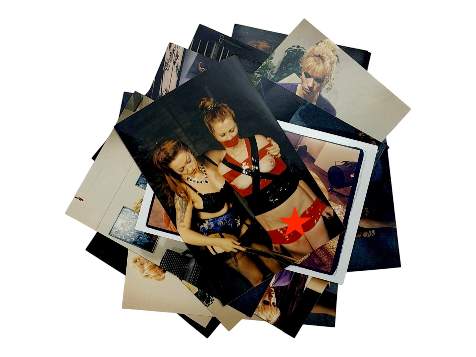 BDSM- NudeThemed Color Photograph Archive Group I: Collection of approximately color glossy photographs depicting staged fetish and bondage-themed studio scenes. Adult-oriented photographic archive. Sold as a group.