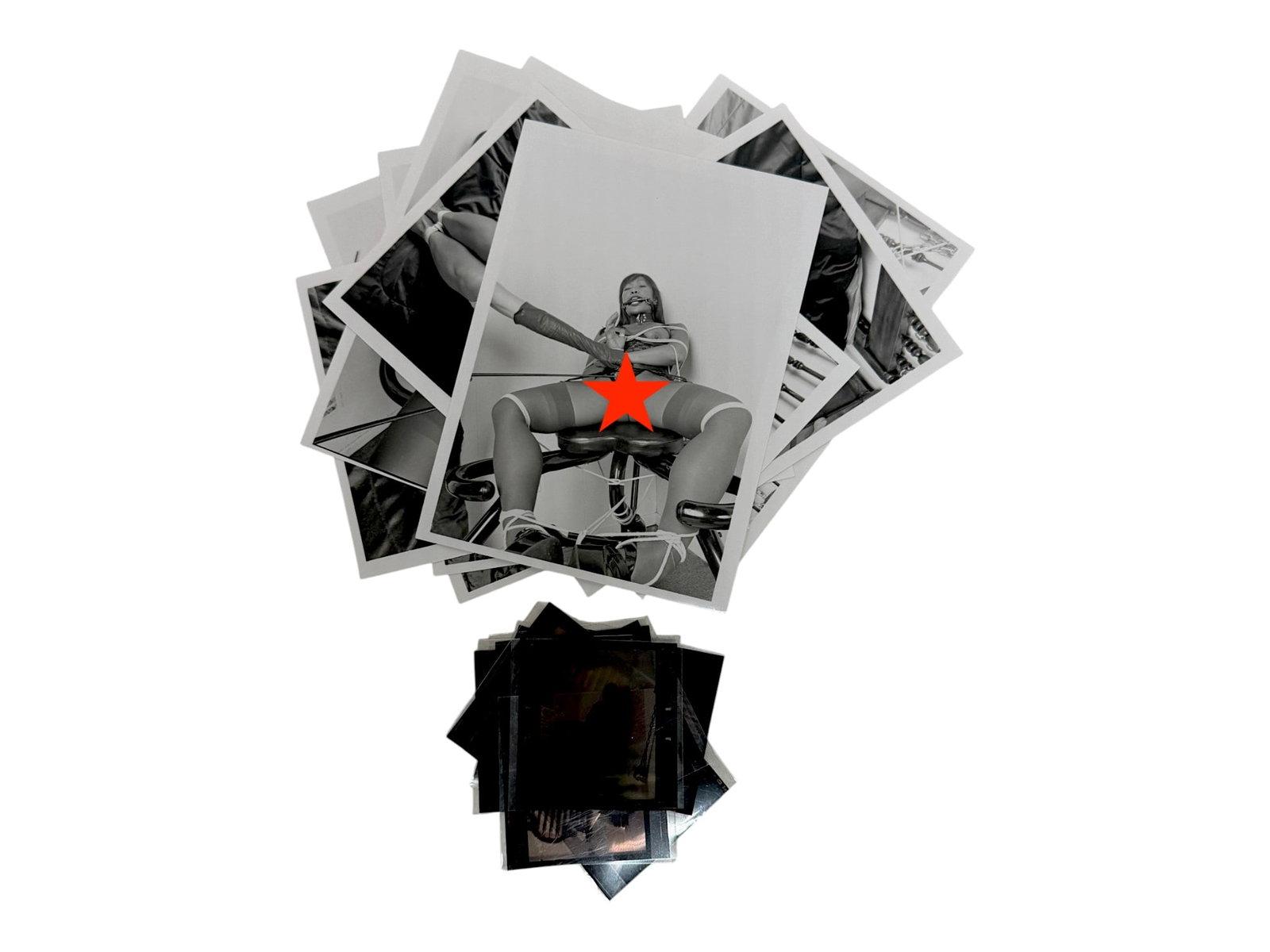 Vintage Color Production Negative Bondage Fetish Nude Adult Erotic: Group of black-and-white photographic prints with associated negatives.