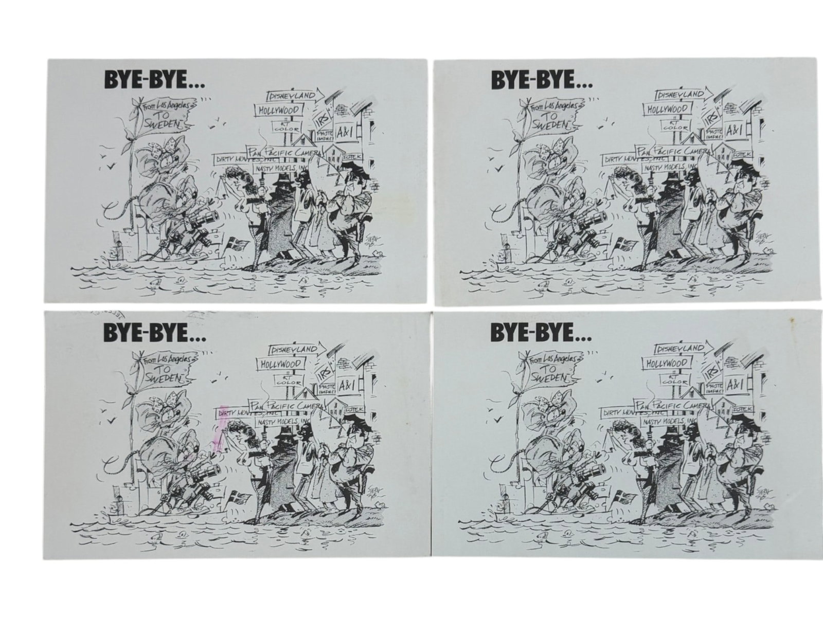 Vintage Bye-Bye Cartoon Postcard Proofs Lot ? Dag Ohrlund Photography Sweden LA Hollywood Satire (1 of 5)