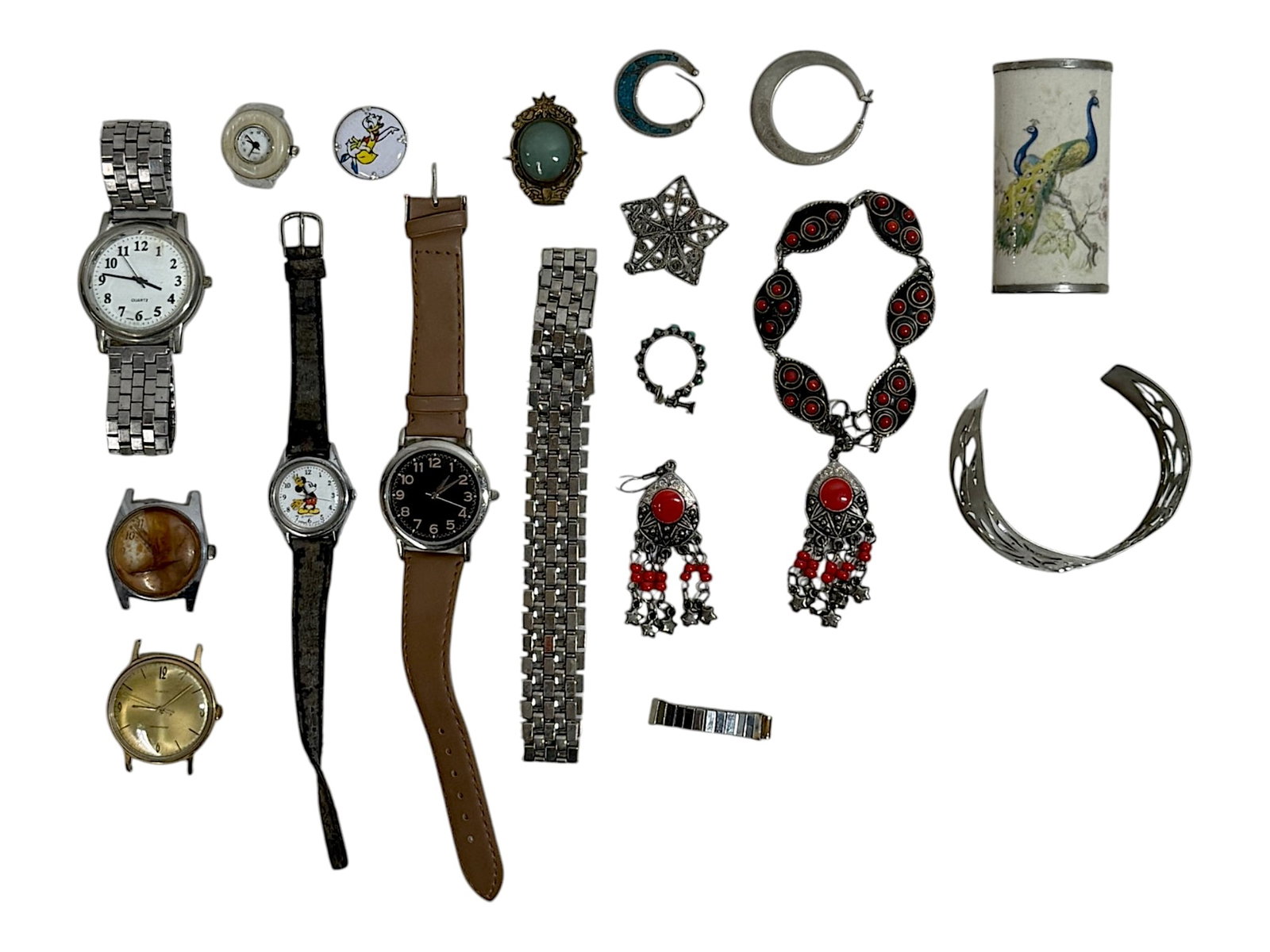 Vintage Watches and Costume Jewelry Lot: Assorted wristwatches, watch bands, costume jewelry, bracelets, earrings and decorative accessories.