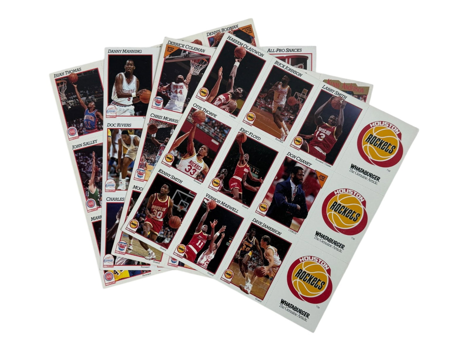 Houston Rockets Promotional Card Sheets: Unused promotional basketball card sheets featuring Houston Rockets players.