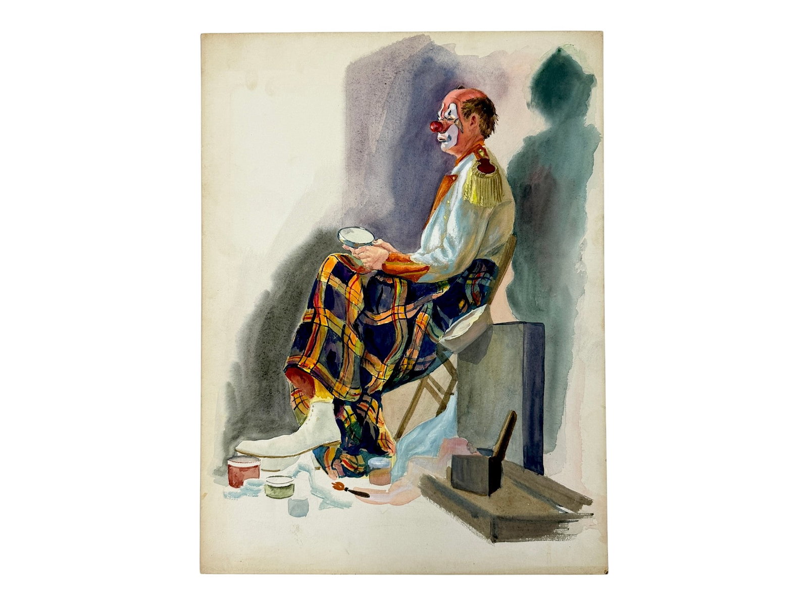 Original Mixed Media Illustration Drawing Art: Original blue-toned mixed media illustration depicting a portrait and interior scene.